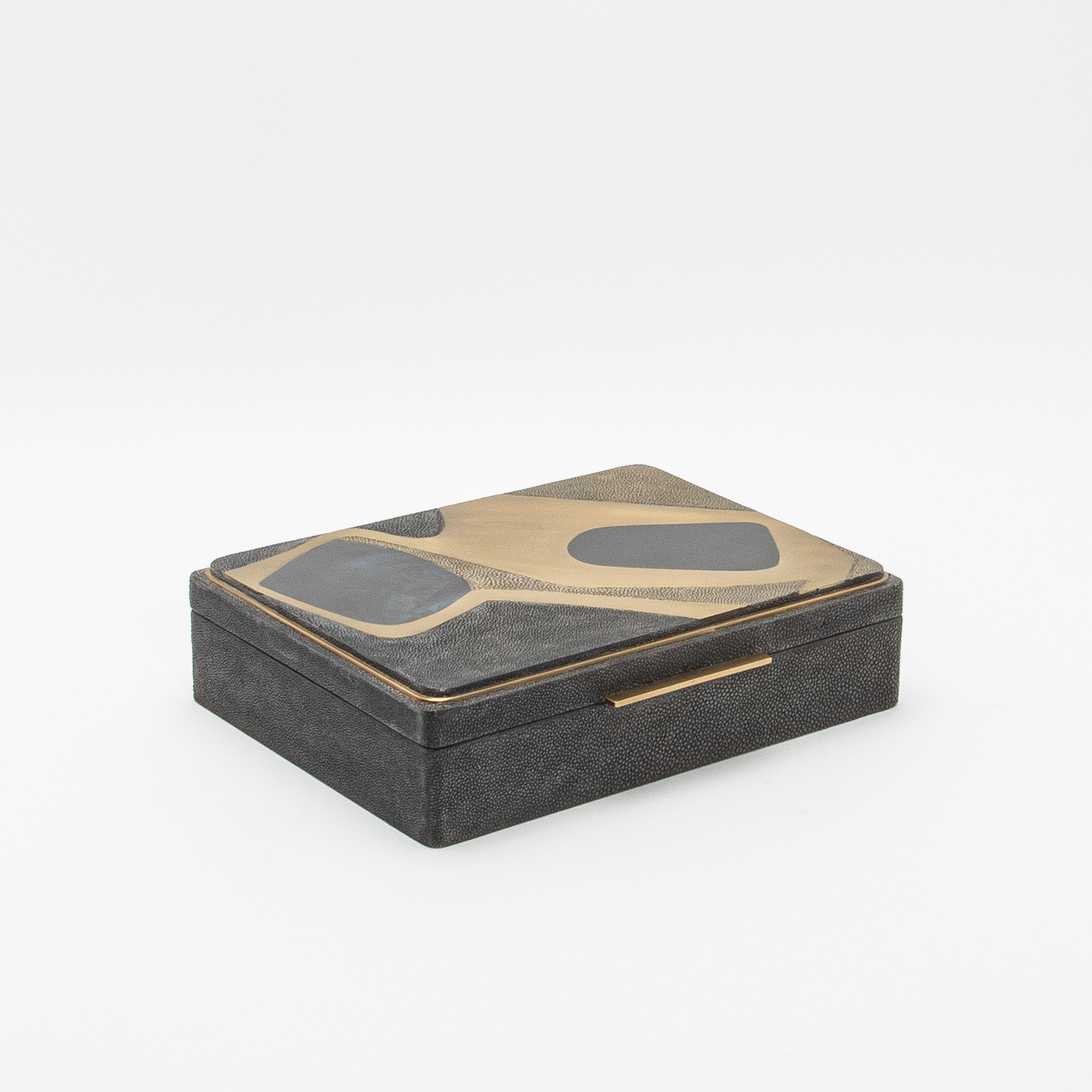 Art Deco Jewelry Box in Shagreen with Mother of Pearl and Brass Details by R&Y Augousti For Sale