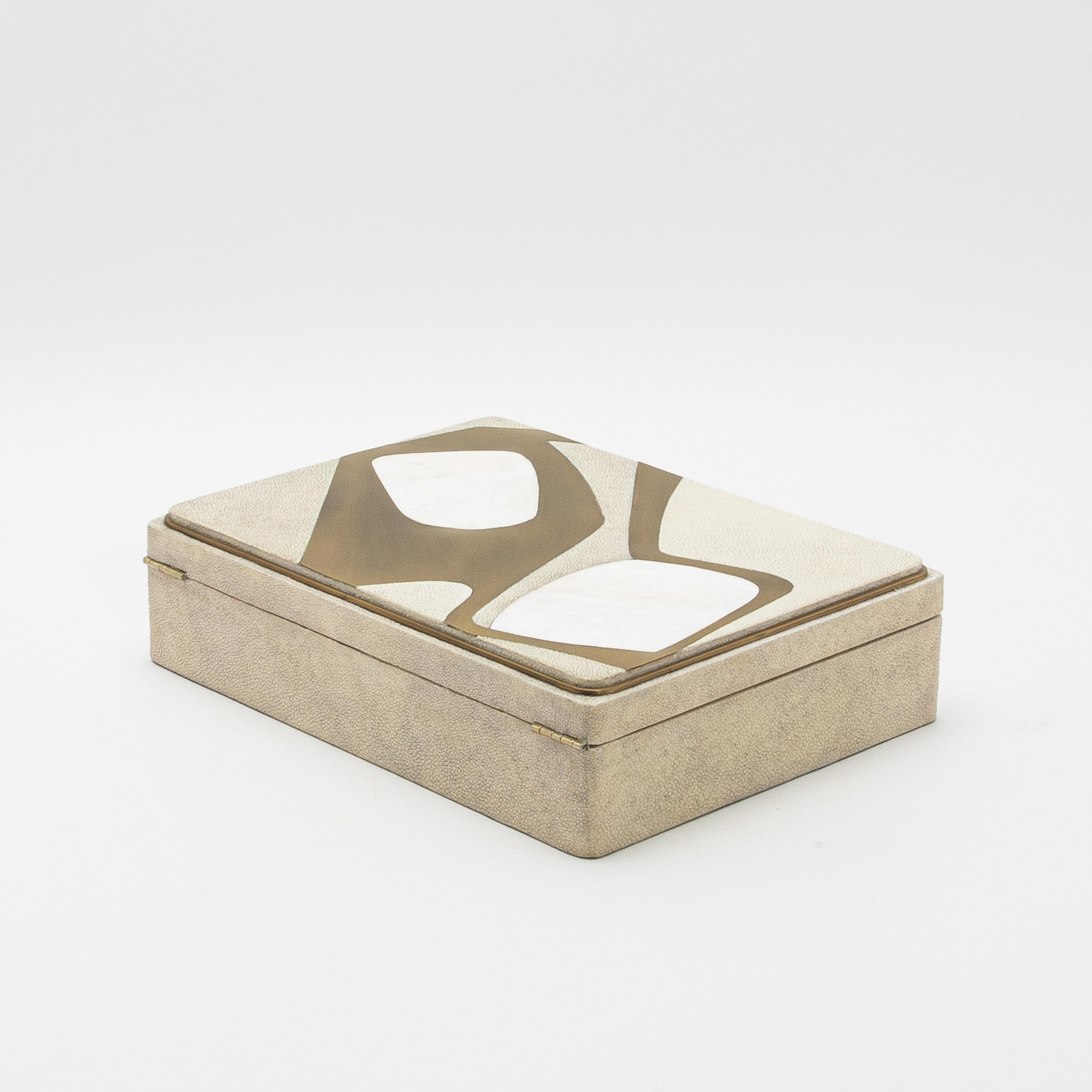 Philippine Jewelry Box in Shagreen with Mother of Pearl and Brass Details by R&Y Augousti For Sale
