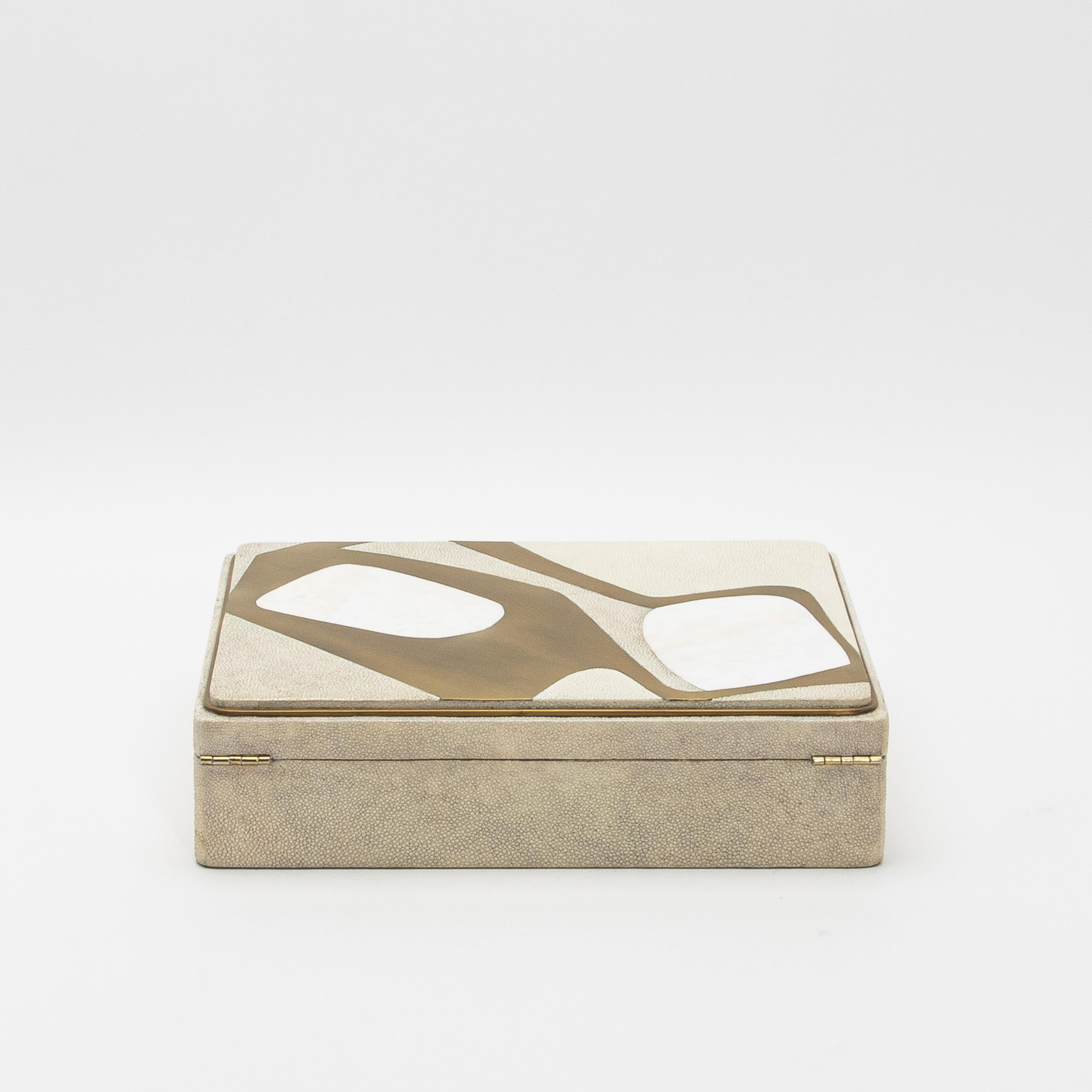 Hand-Crafted Jewelry Box in Shagreen with Mother of Pearl and Brass Details by R&Y Augousti For Sale