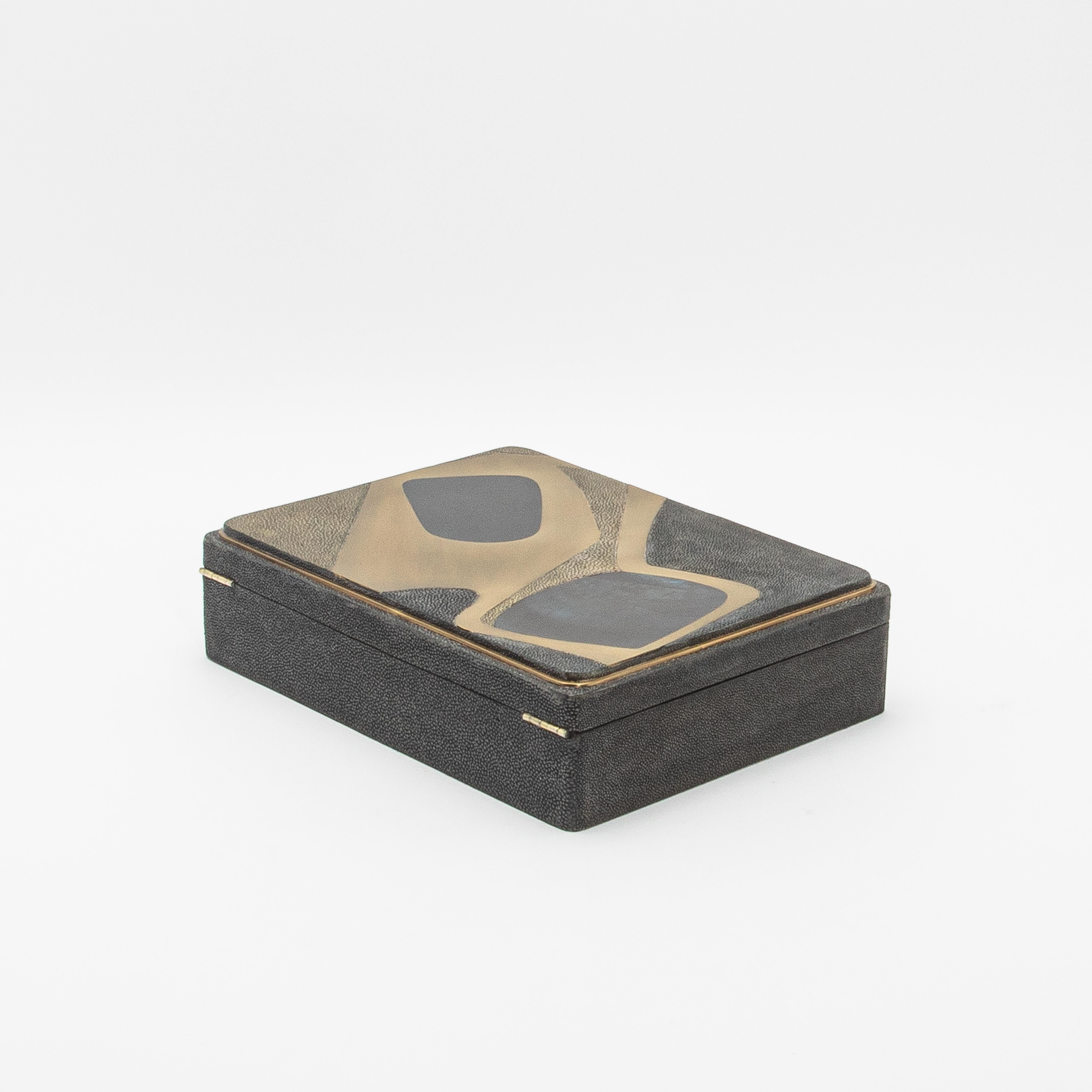 Hand-Crafted Jewelry Box in Shagreen with Mother of Pearl and Brass Details by R&Y Augousti For Sale