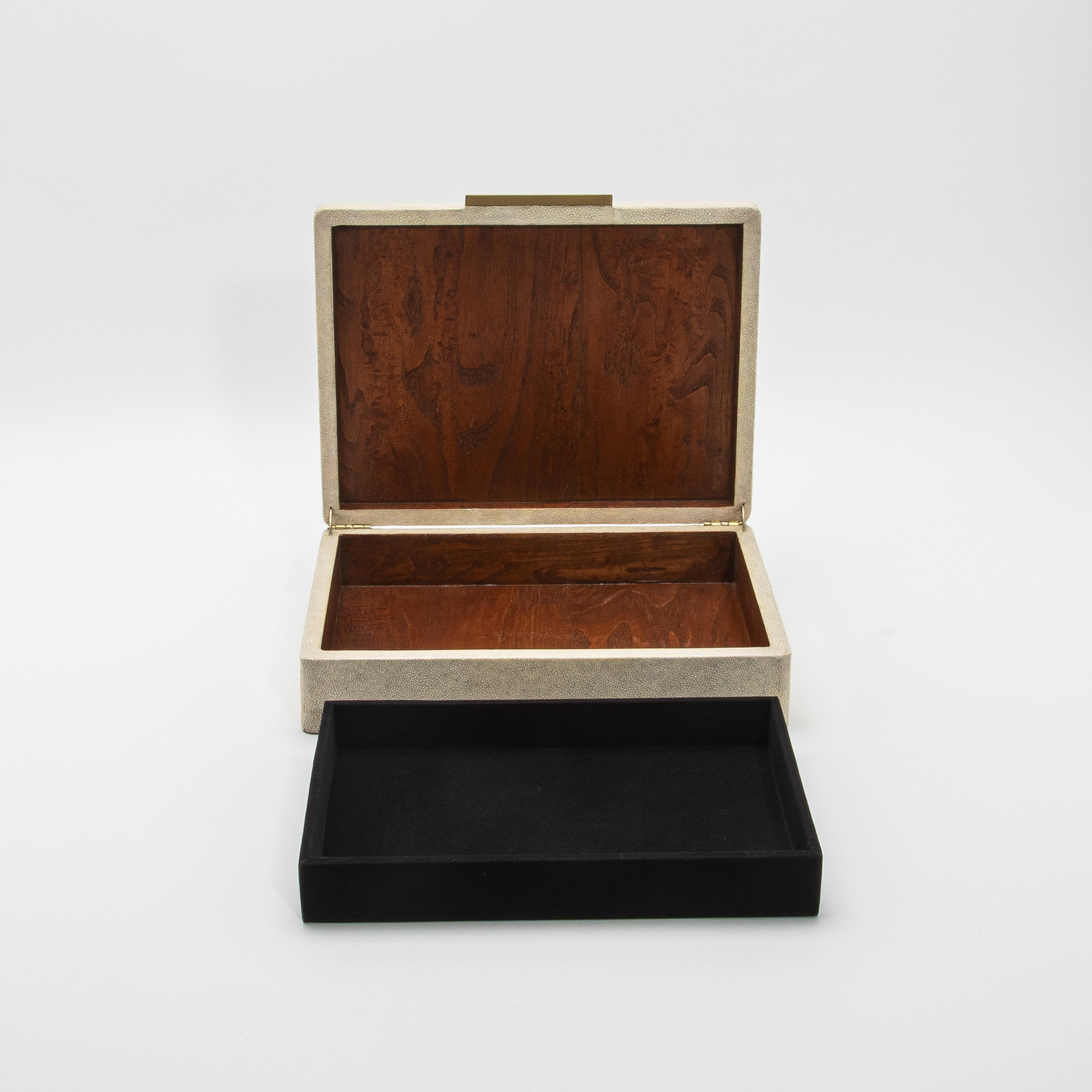 Contemporary Jewelry Box in Shagreen with Mother of Pearl and Brass Details by R&Y Augousti For Sale
