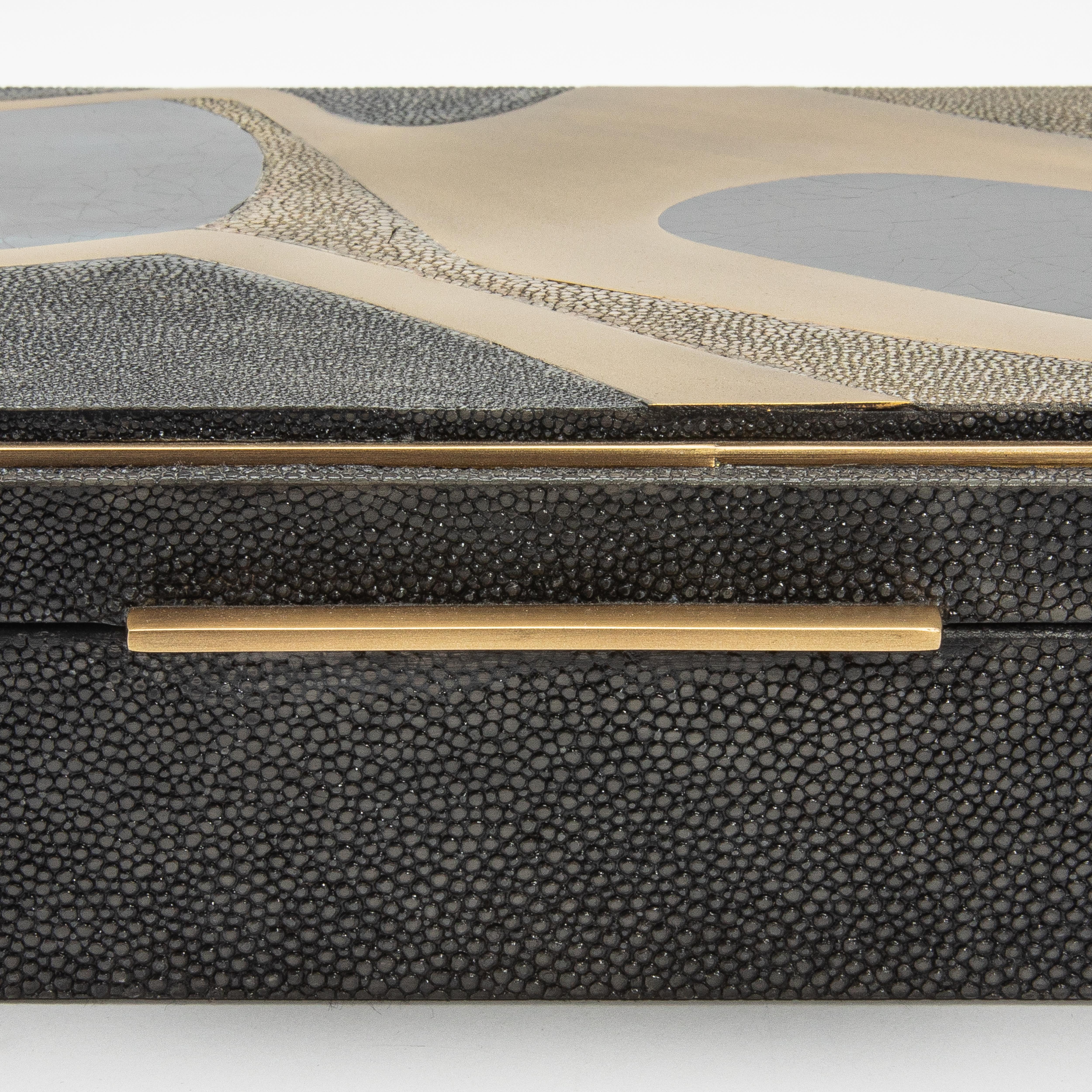 Contemporary Jewelry Box in Shagreen with Mother of Pearl and Brass Details by R&Y Augousti For Sale