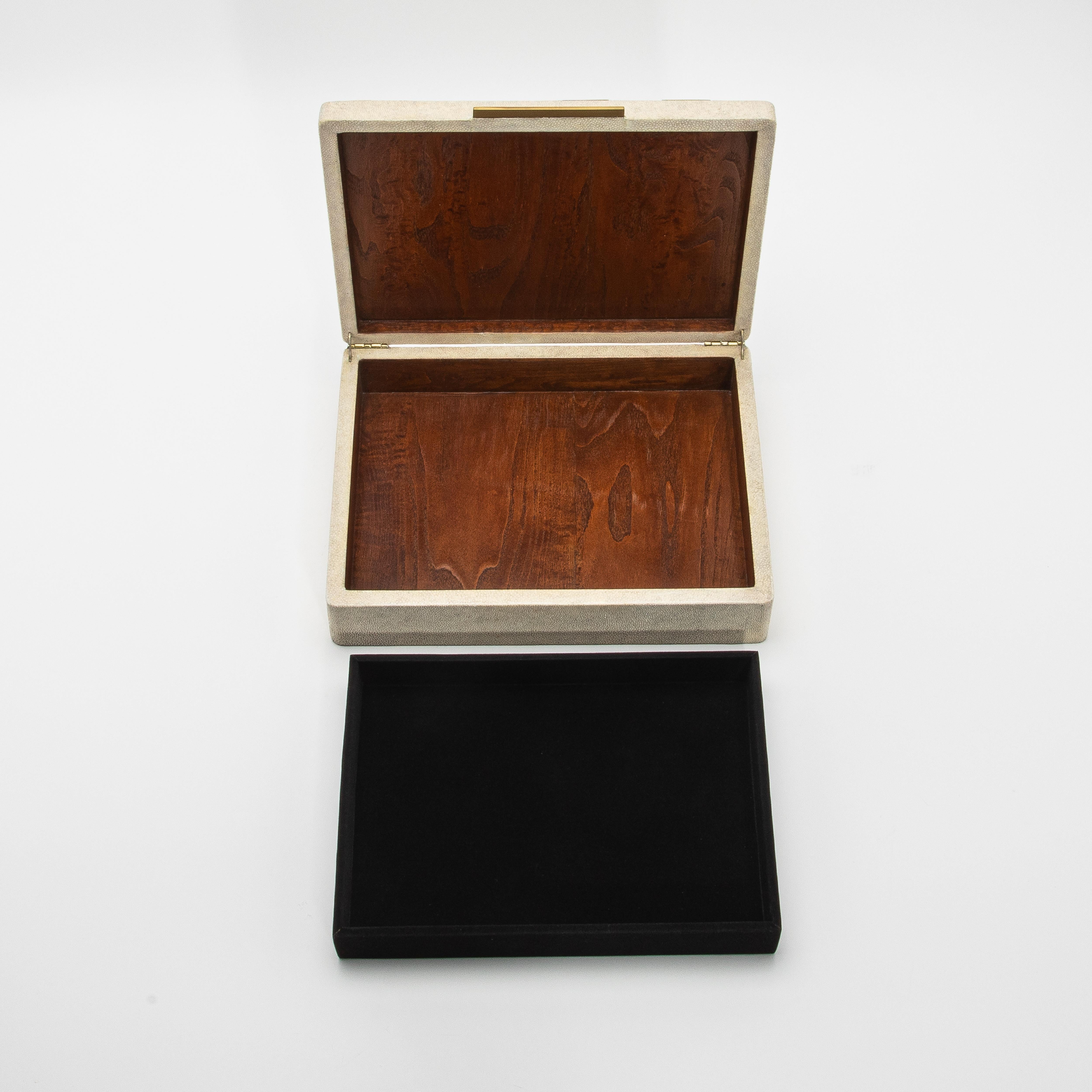 Jewelry Box in Shagreen with Mother of Pearl and Brass Details by R&Y Augousti For Sale 1