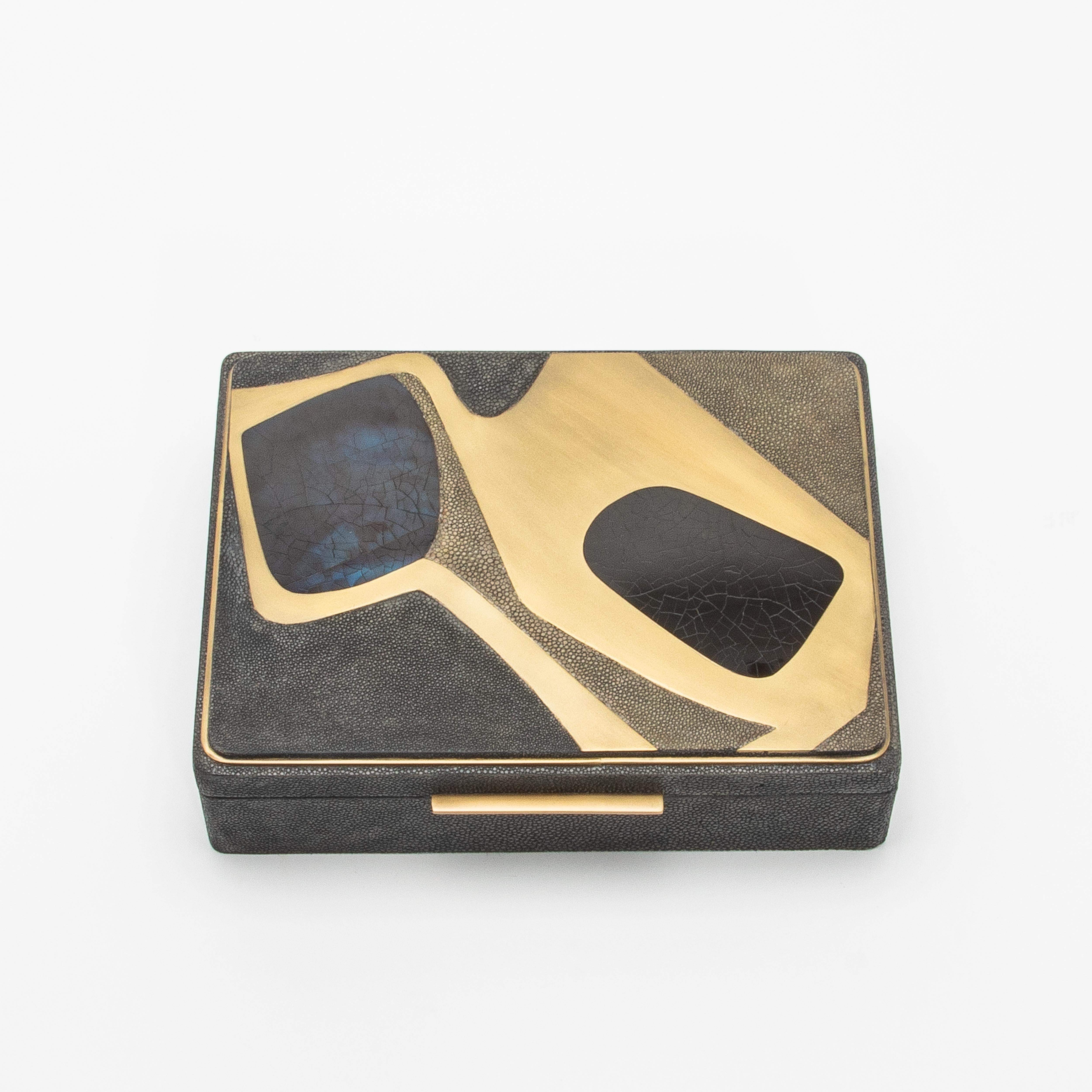 Jewelry Box in Shagreen with Mother of Pearl and Brass Details by R&Y Augousti For Sale 1