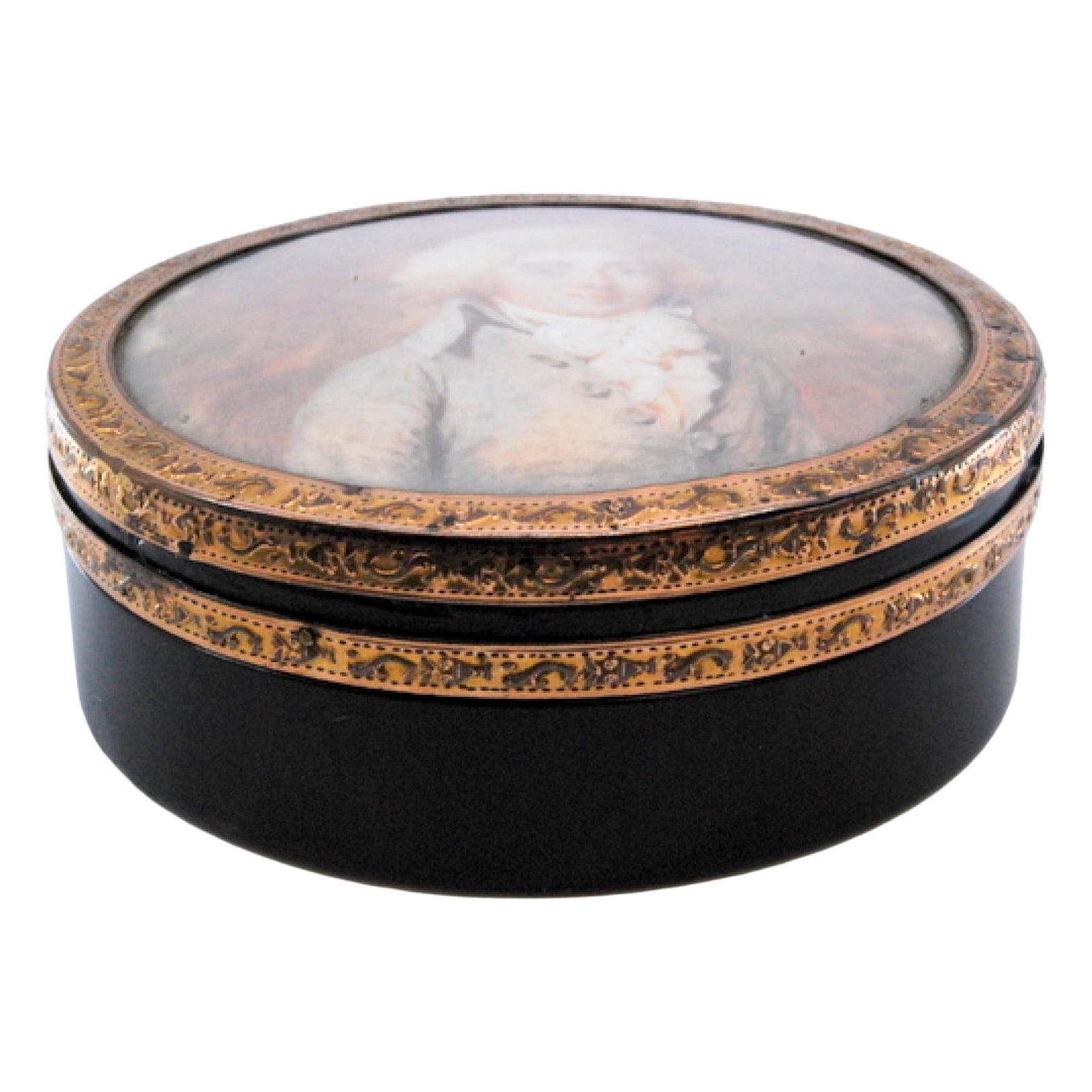 Jewelry box, in silver on tortoiseshell with nobleman on the removable lid