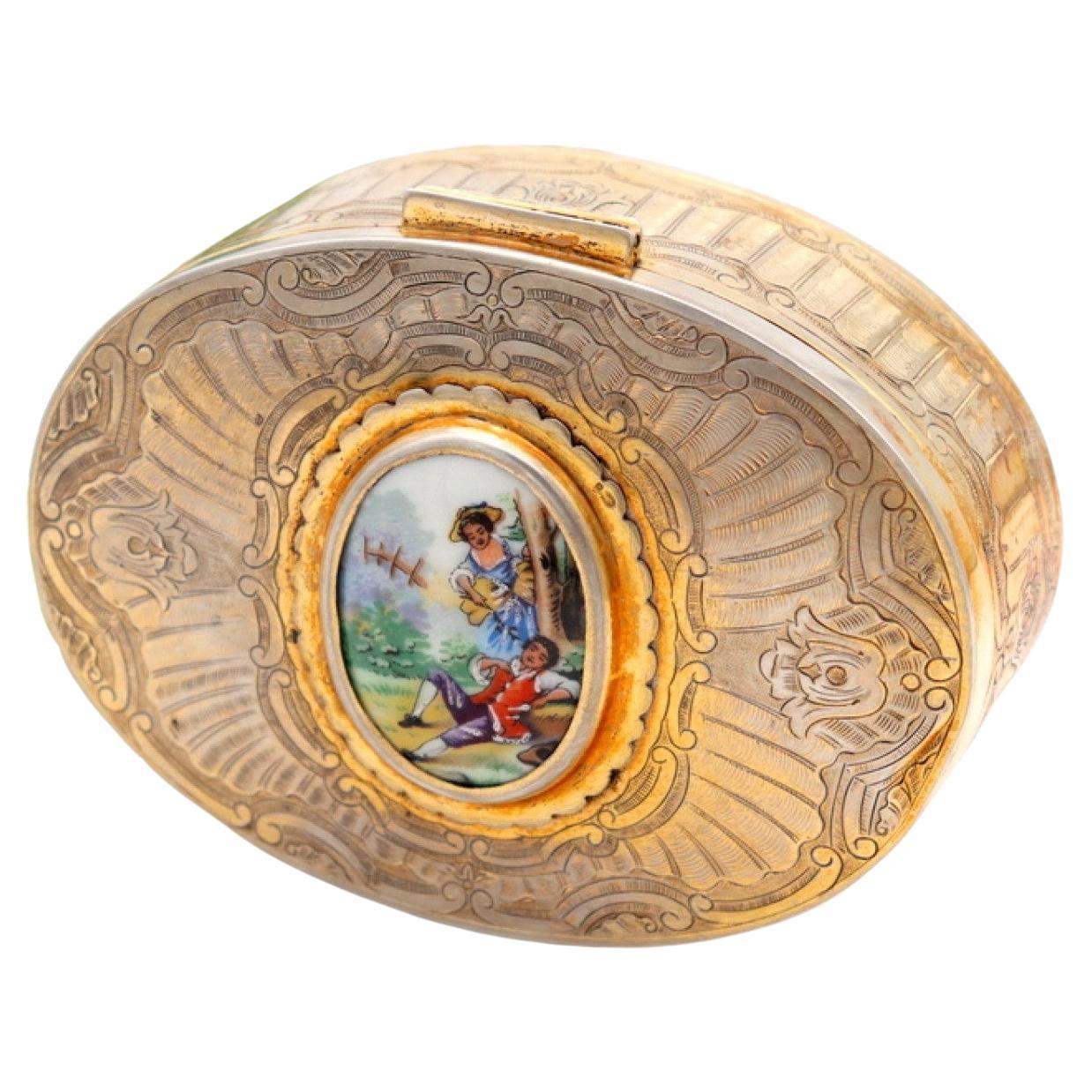 Jewelry box, in silver w/ reliefs
an idyllic scene on enamel
velvet inside