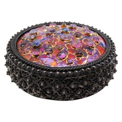 Jewelry box, in silver with colored stones and enamels on the removable lid