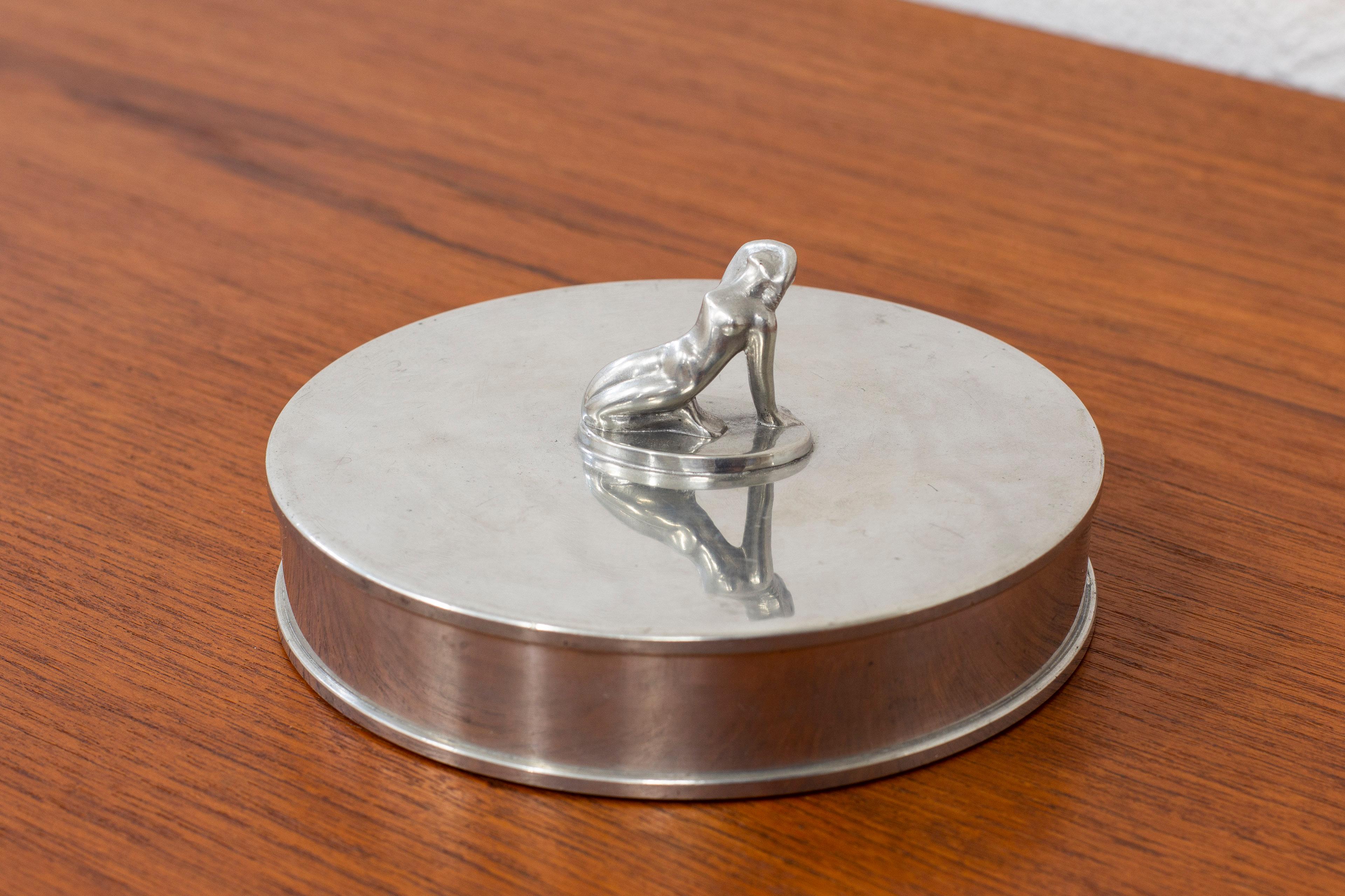 Mirror Jewelry Box with Nude Nymph Handle in Pewter, GAB Sweden 1934