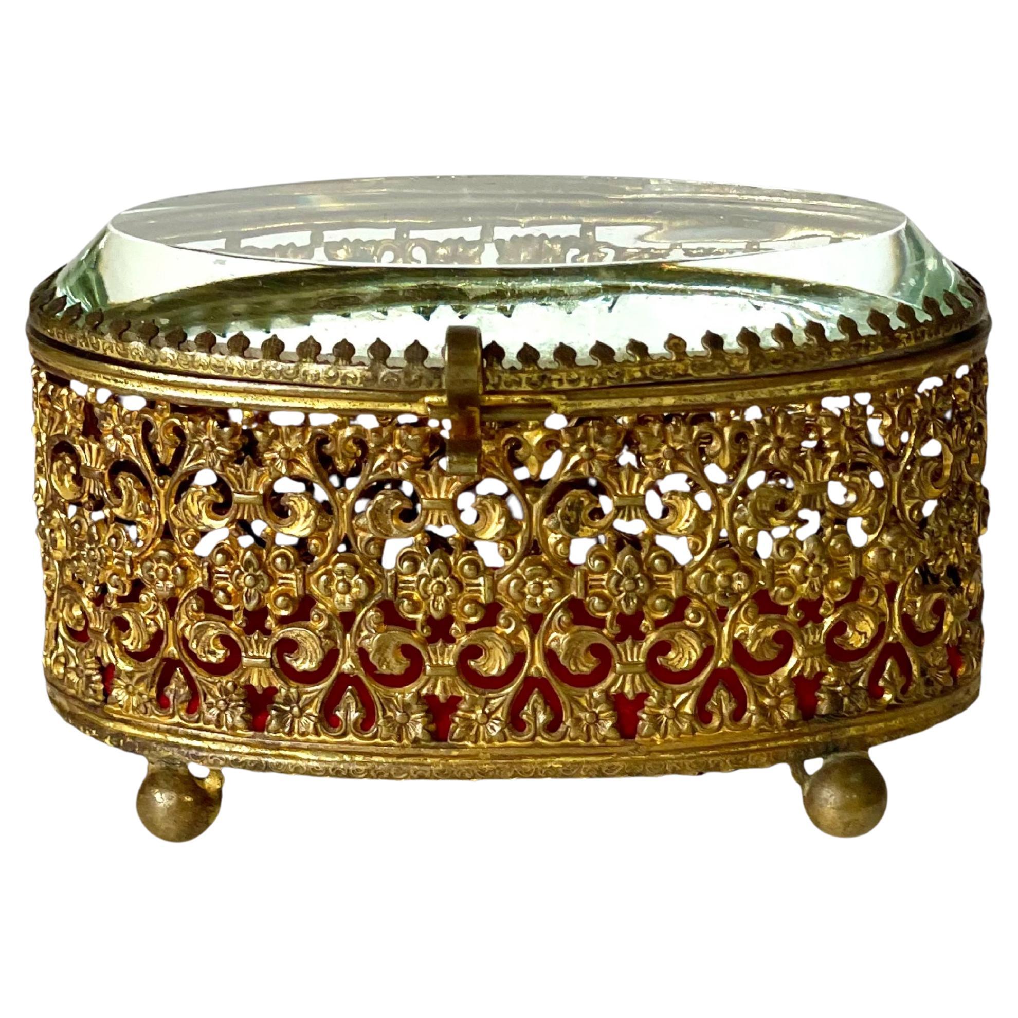 Jewelry Casket in Gilt Bronze and Beveled Glass, 19th Century For Sale