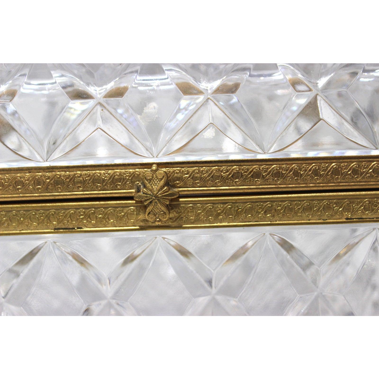 Mid-20th Century Jewelry Casket or Box of Faceted Lead Crystal and Gilt Bronze