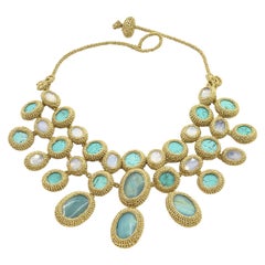 Jewelry Collar Necklace Couture Gold Turquoise Crystal Bold One OfA Kind Luxury 