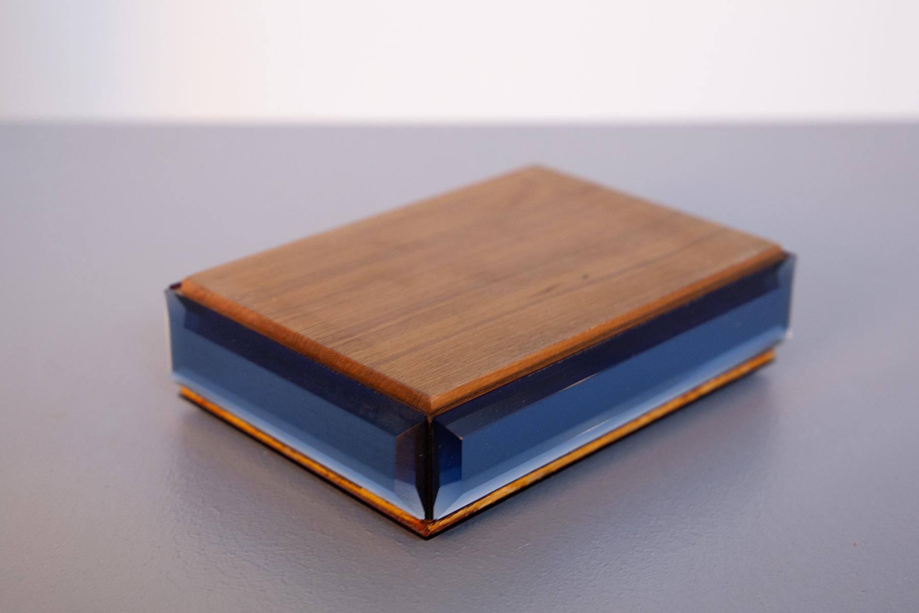 Brass Jewelry Italian Box by Fontana Arte in Blue Art Glass, 1950s