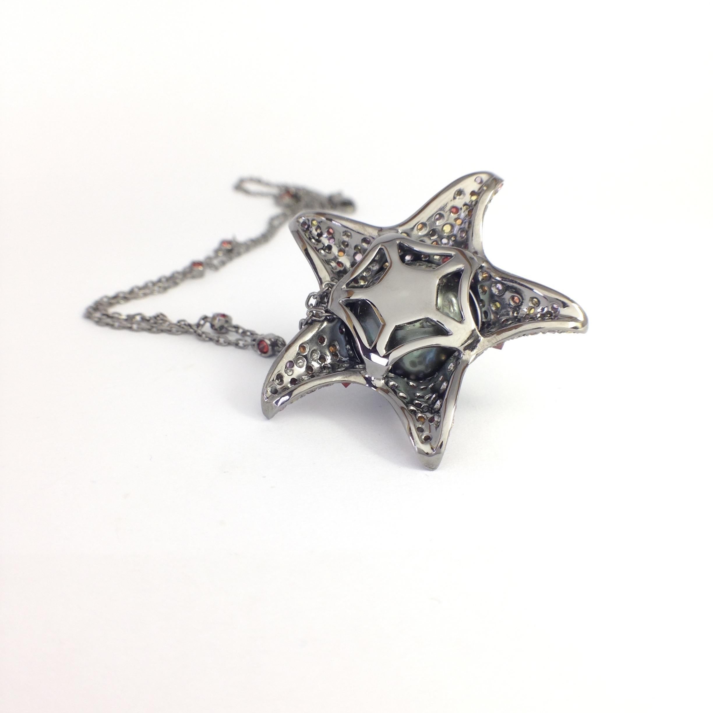Petronilla Sapphire Diamond Tahitian Pearl 18Kt Gold Starfish Pendant Made in IT 6