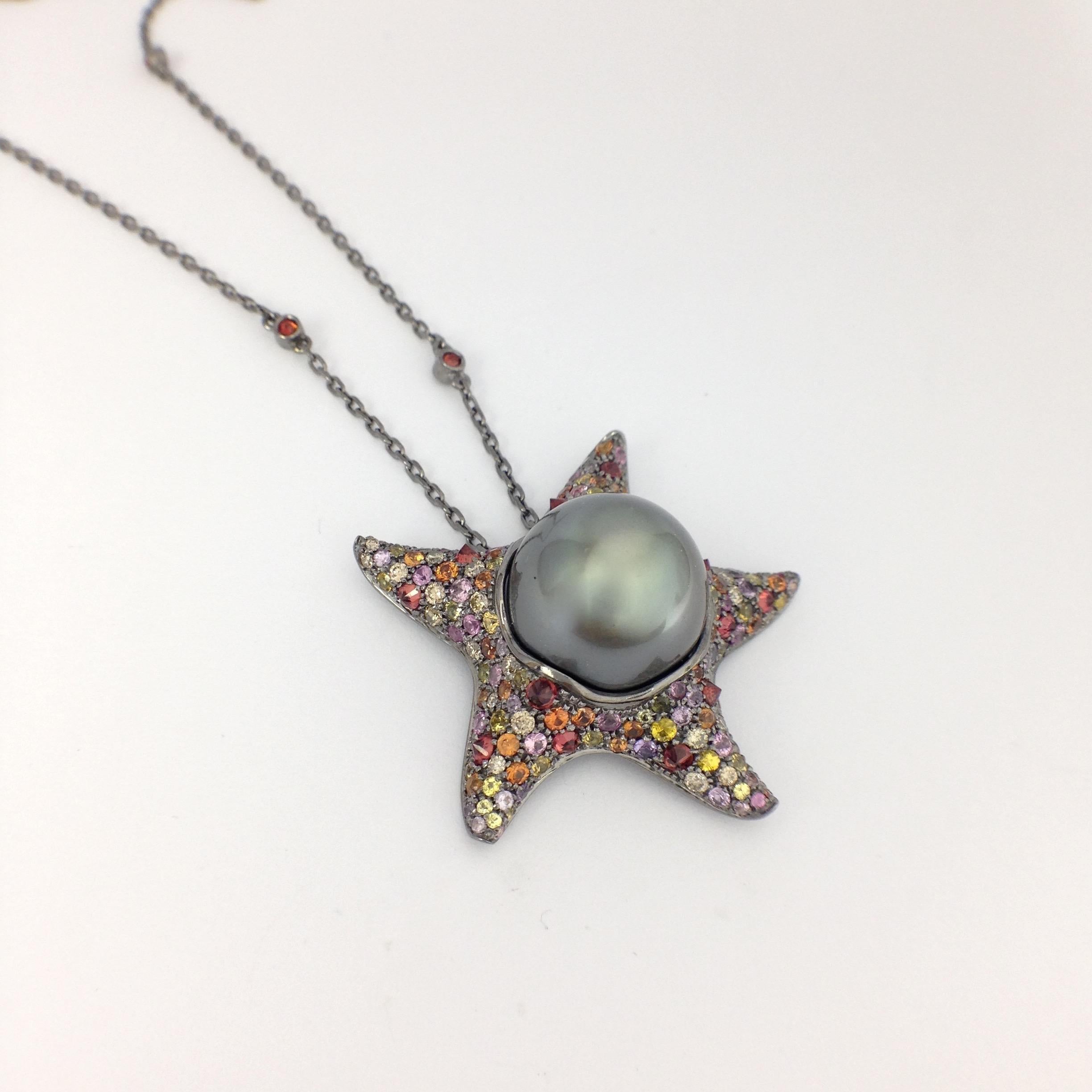 Contemporary Petronilla Sapphire Diamond Tahitian Pearl 18Kt Gold Starfish Pendant Made in IT
