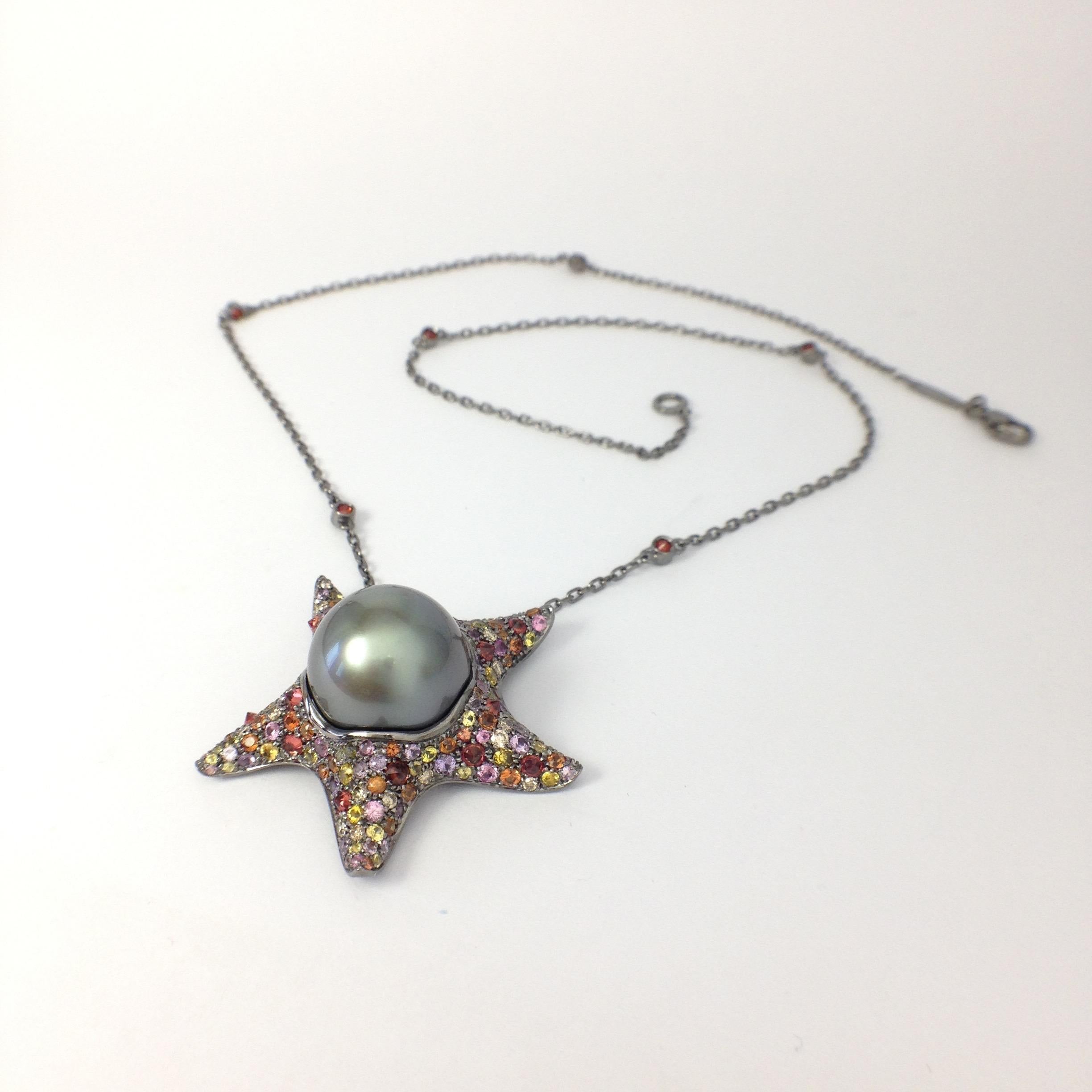 Round Cut Petronilla Sapphire Diamond Tahitian Pearl 18Kt Gold Starfish Pendant Made in IT