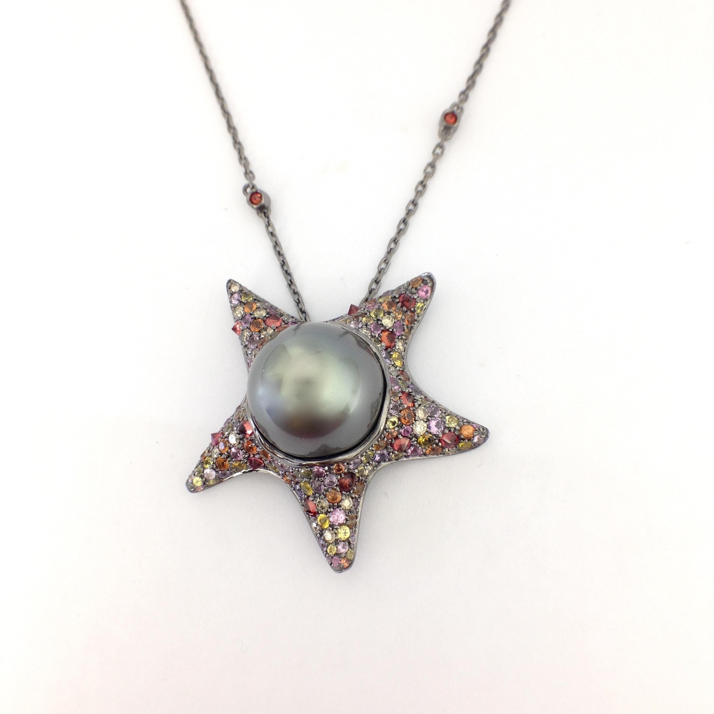 Women's Petronilla Sapphire Diamond Tahitian Pearl 18Kt Gold Starfish Pendant Made in IT