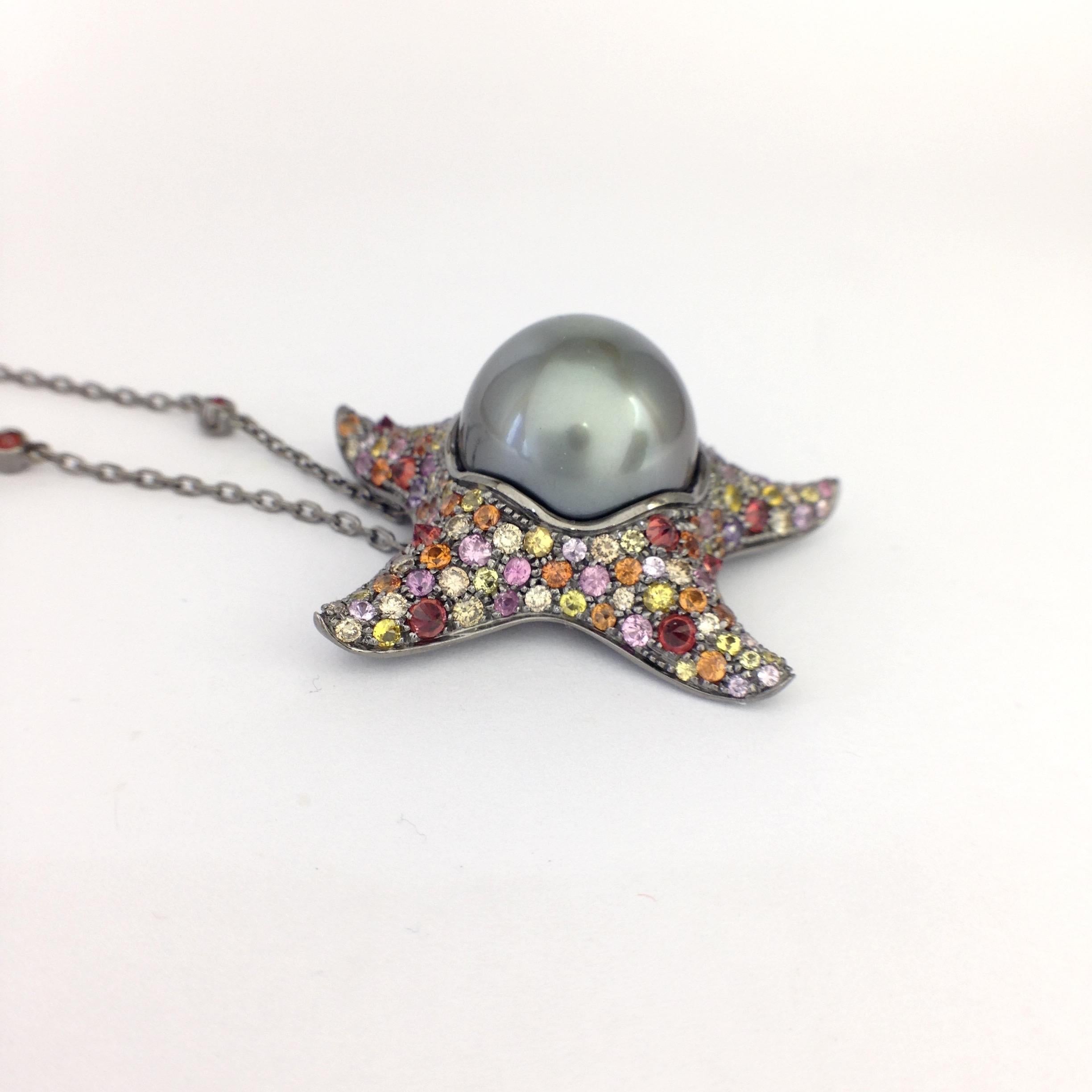 Petronilla Sapphire Diamond Tahitian Pearl 18Kt Gold Starfish Pendant Made in IT 1