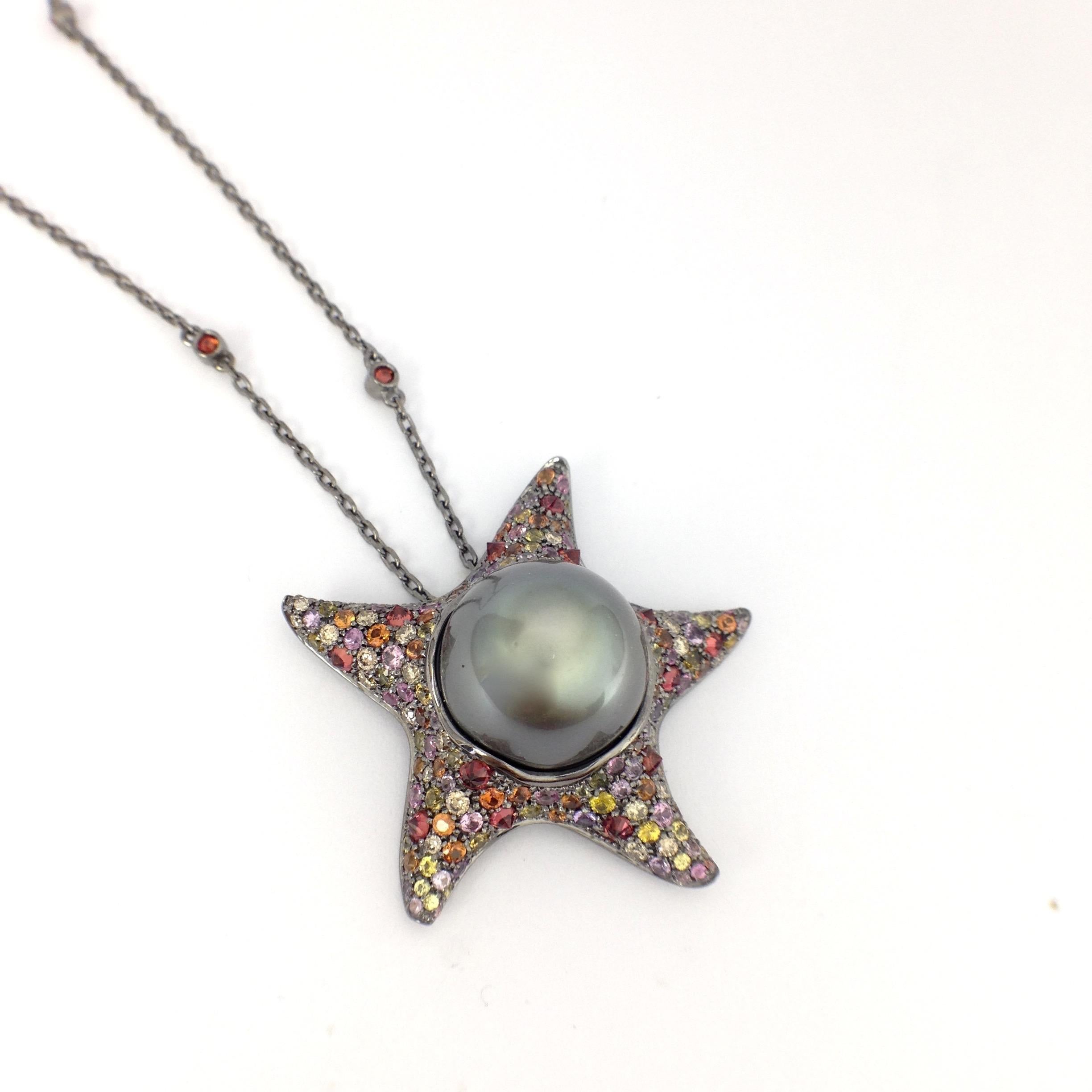 Petronilla Sapphire Diamond Tahitian Pearl 18Kt Gold Starfish Pendant Made in IT 2