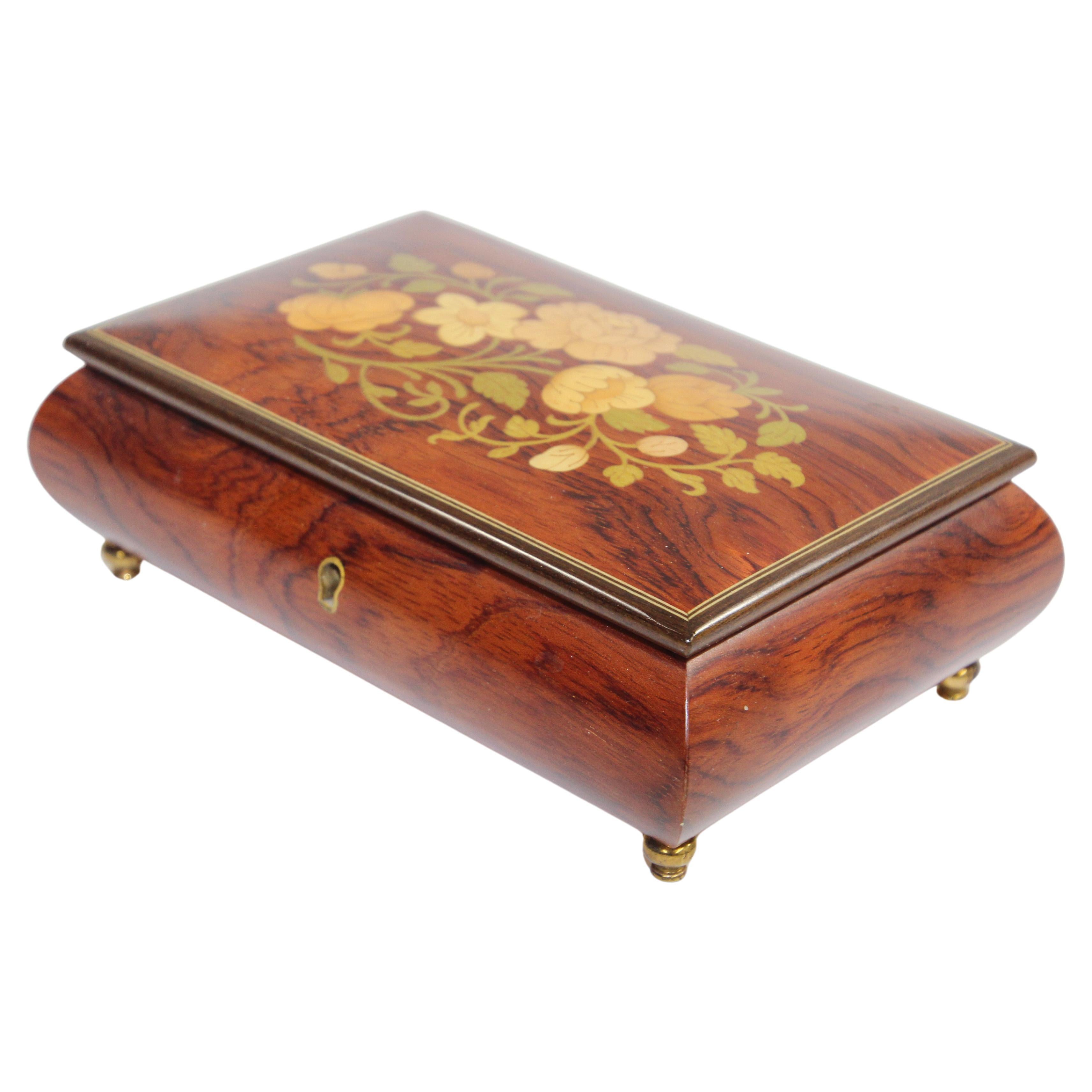 Reuge Wooden Jewelry Music Box With Floral Inlay Made In Italy Vintage