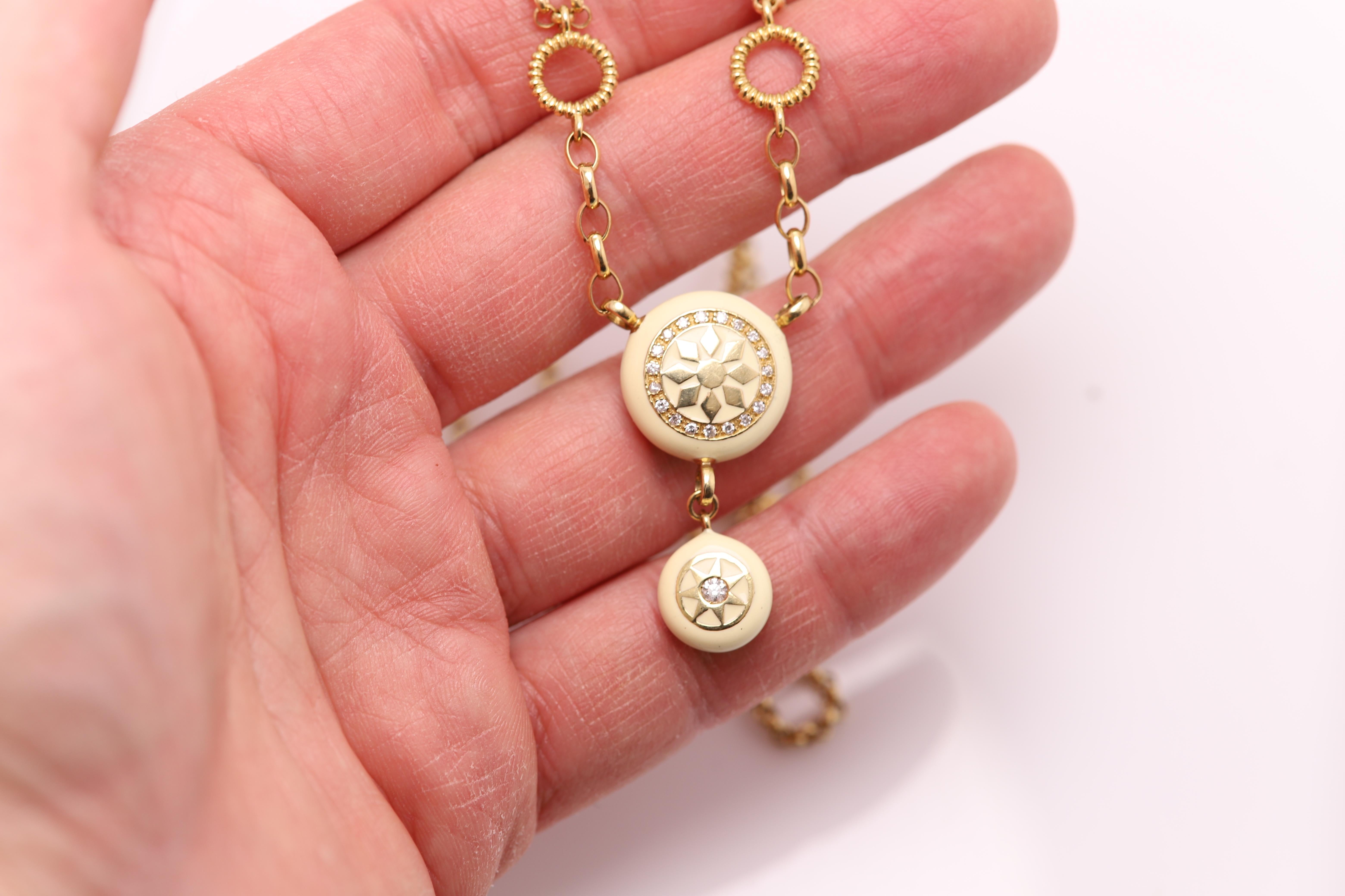 Round Cut Jewelry Set 14 Karat Yellow Gold Enamel Off-White Color and Diamonds