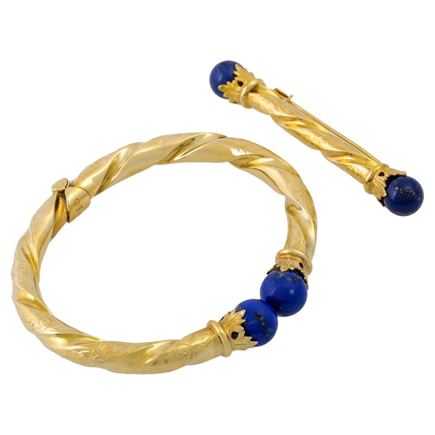 Jewelry Set Bracelet and Brooch with Lapis Lazuli For Sale