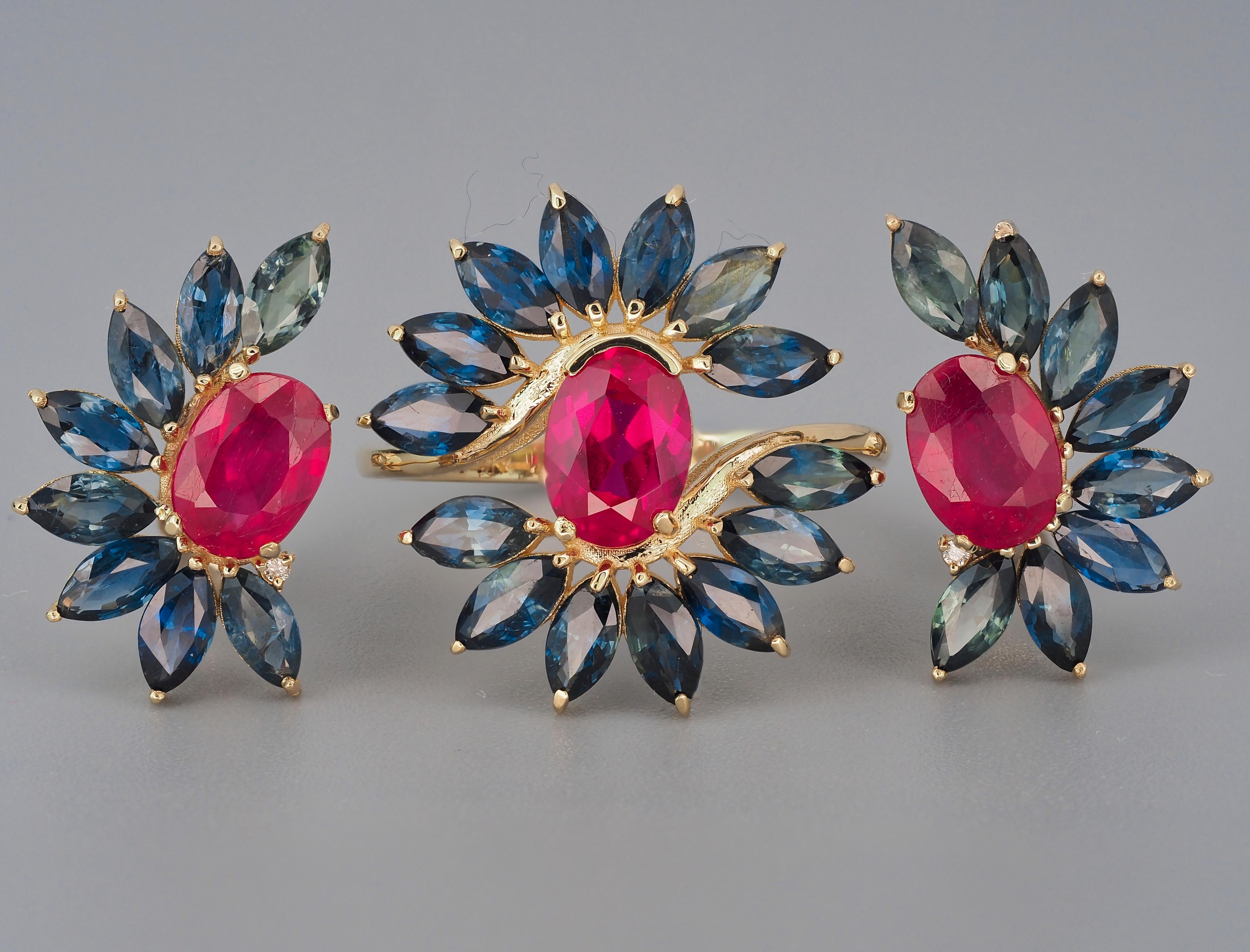 Jewelry set: earrings and ring with rubies and sapphires in 14k gold. 
Ruby ring, earrings. Sapphire ring, earrings. Ruby, sapphire jewelry.

Total weight: 4.8 g. depends from size.
Material: 14 k gold. 
Size Earrings: 11x16.6mm
Size rings face: