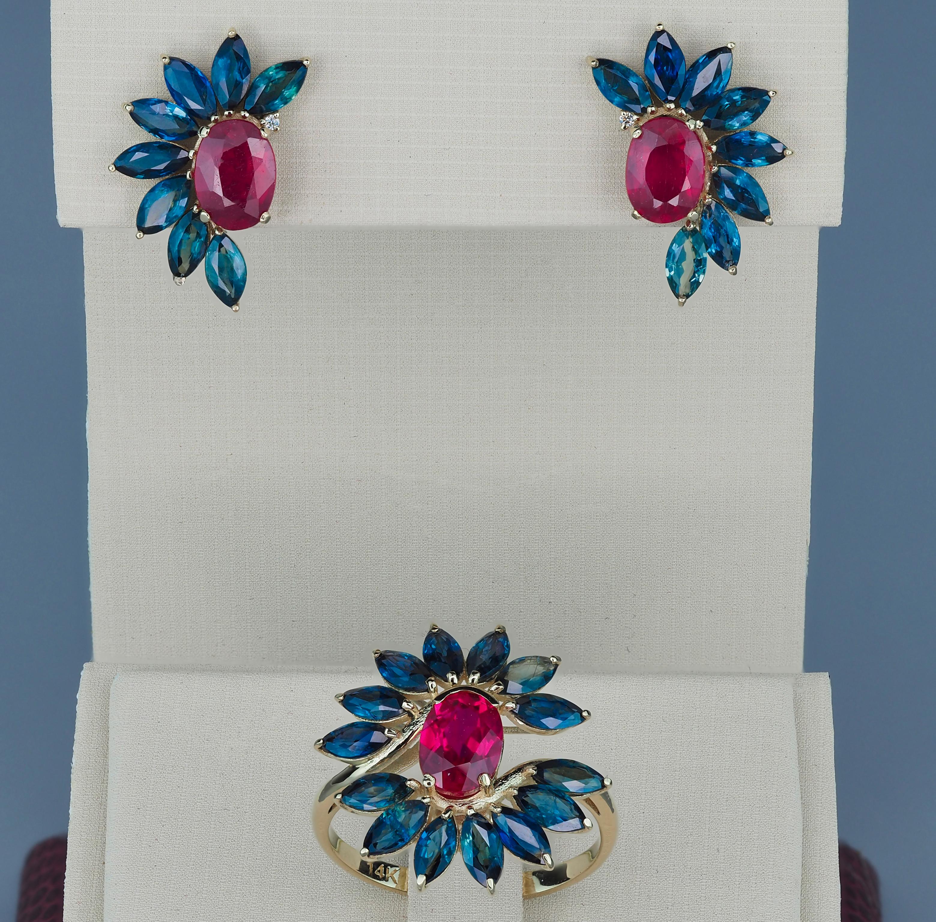 Jewelry set: earrings and ring with rubies and sapphires in 14k gold.  In New Condition For Sale In Istanbul, TR