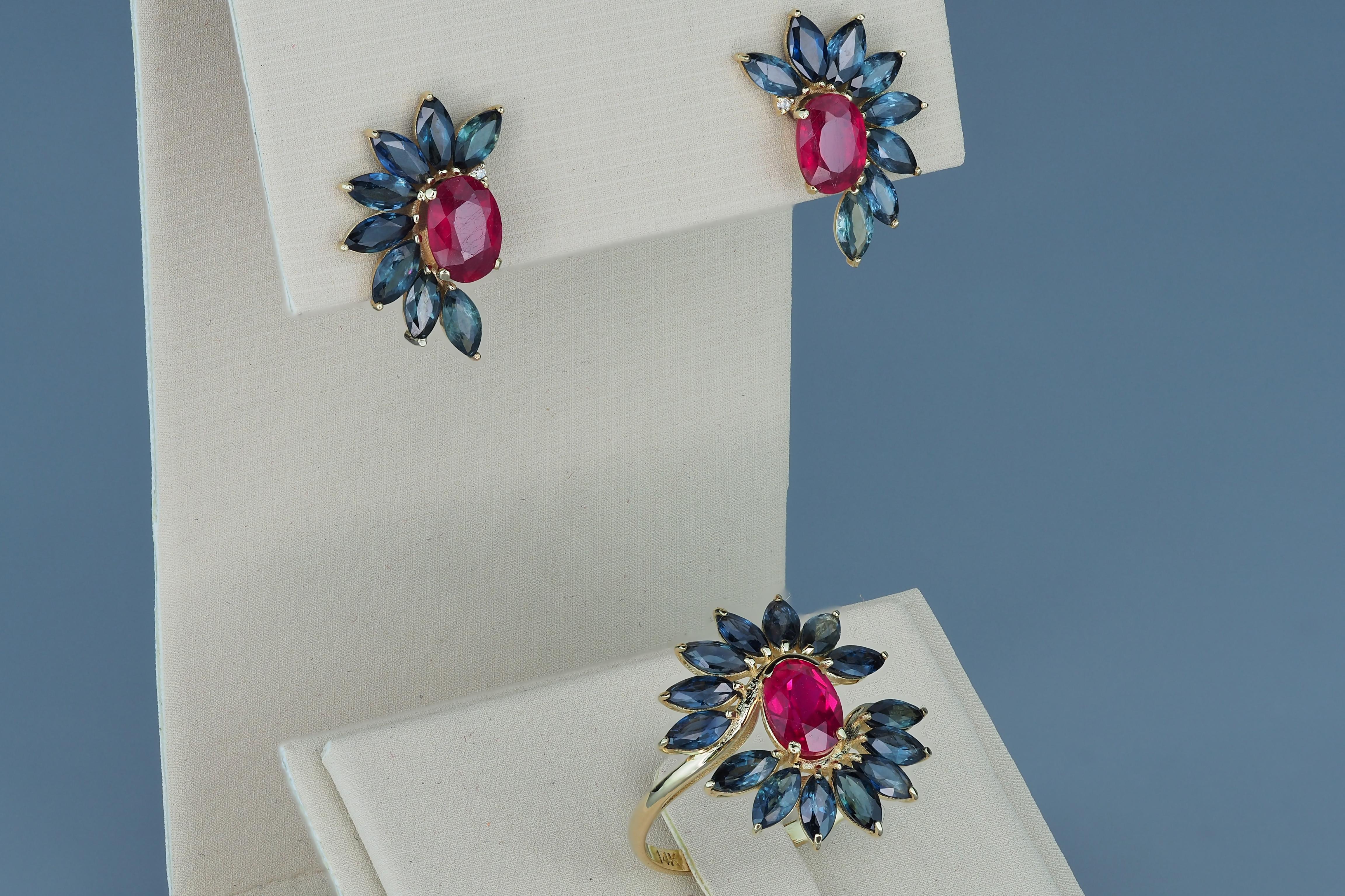Women's Jewelry set: earrings and ring with rubies and sapphires in 14k gold.  For Sale