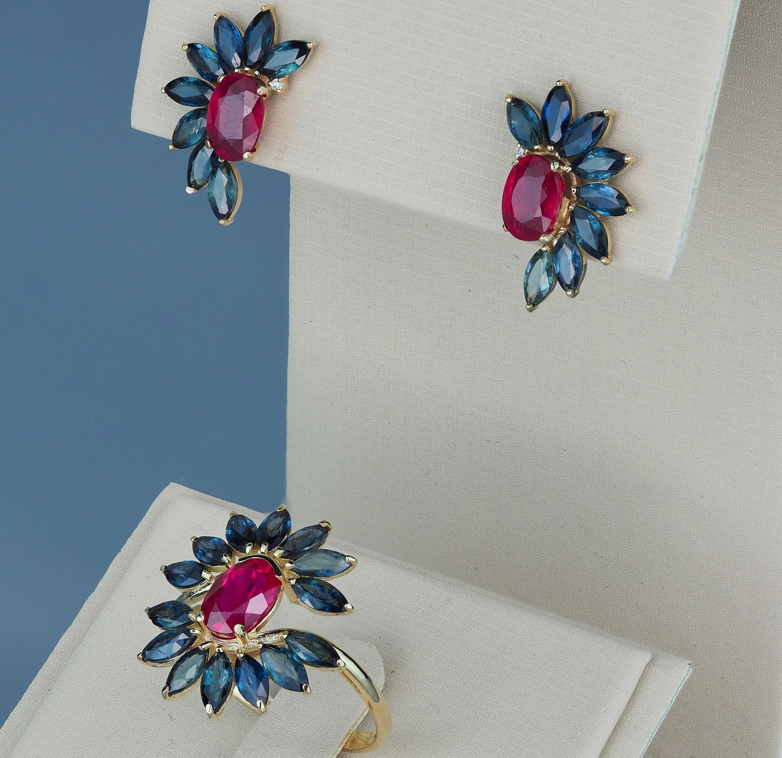 Jewelry set: earrings and ring with rubies and sapphires in 14k gold.  For Sale 1
