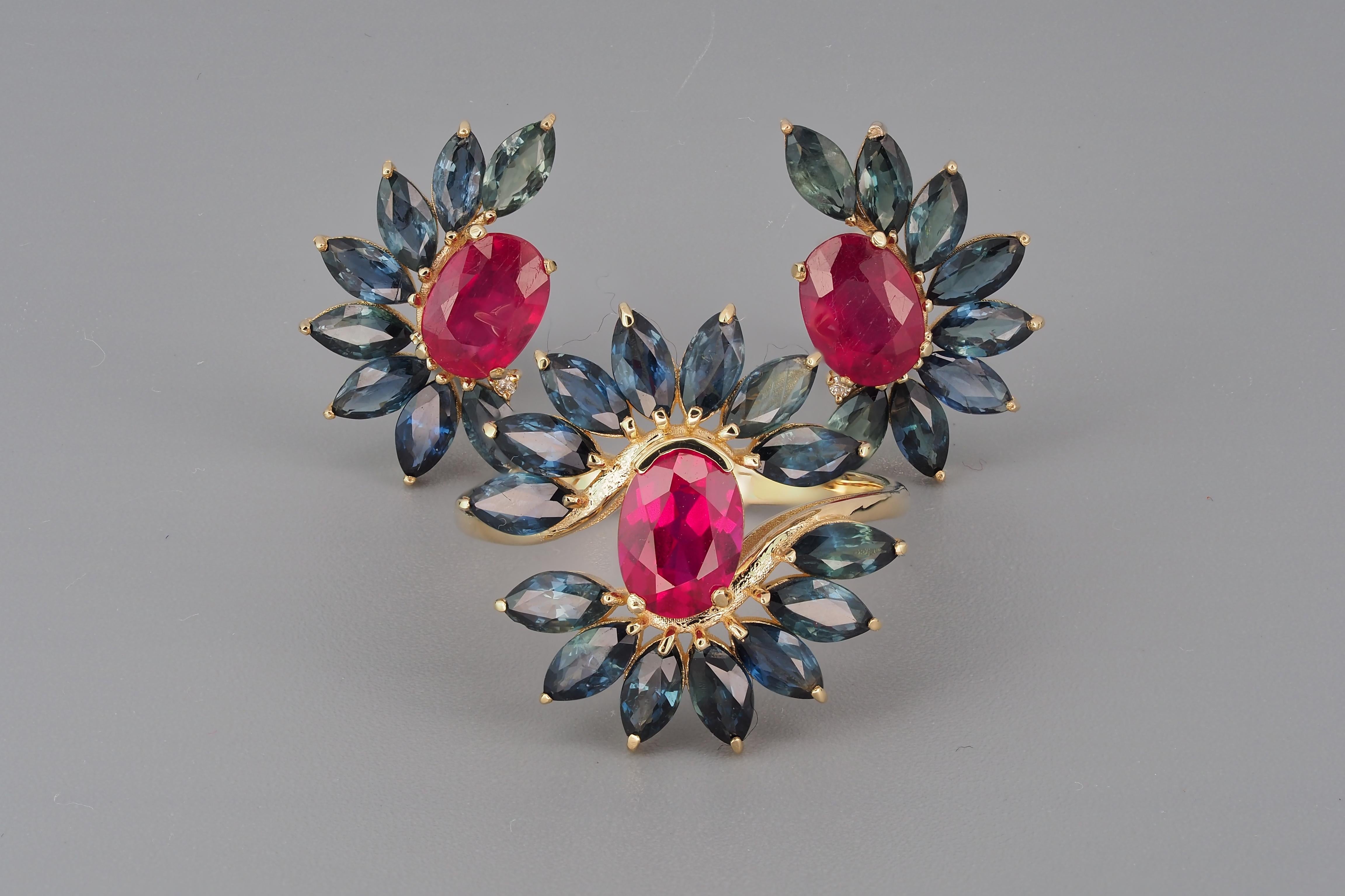 Jewelry set: earrings and ring with rubies and sapphires in 14k gold.  For Sale 2