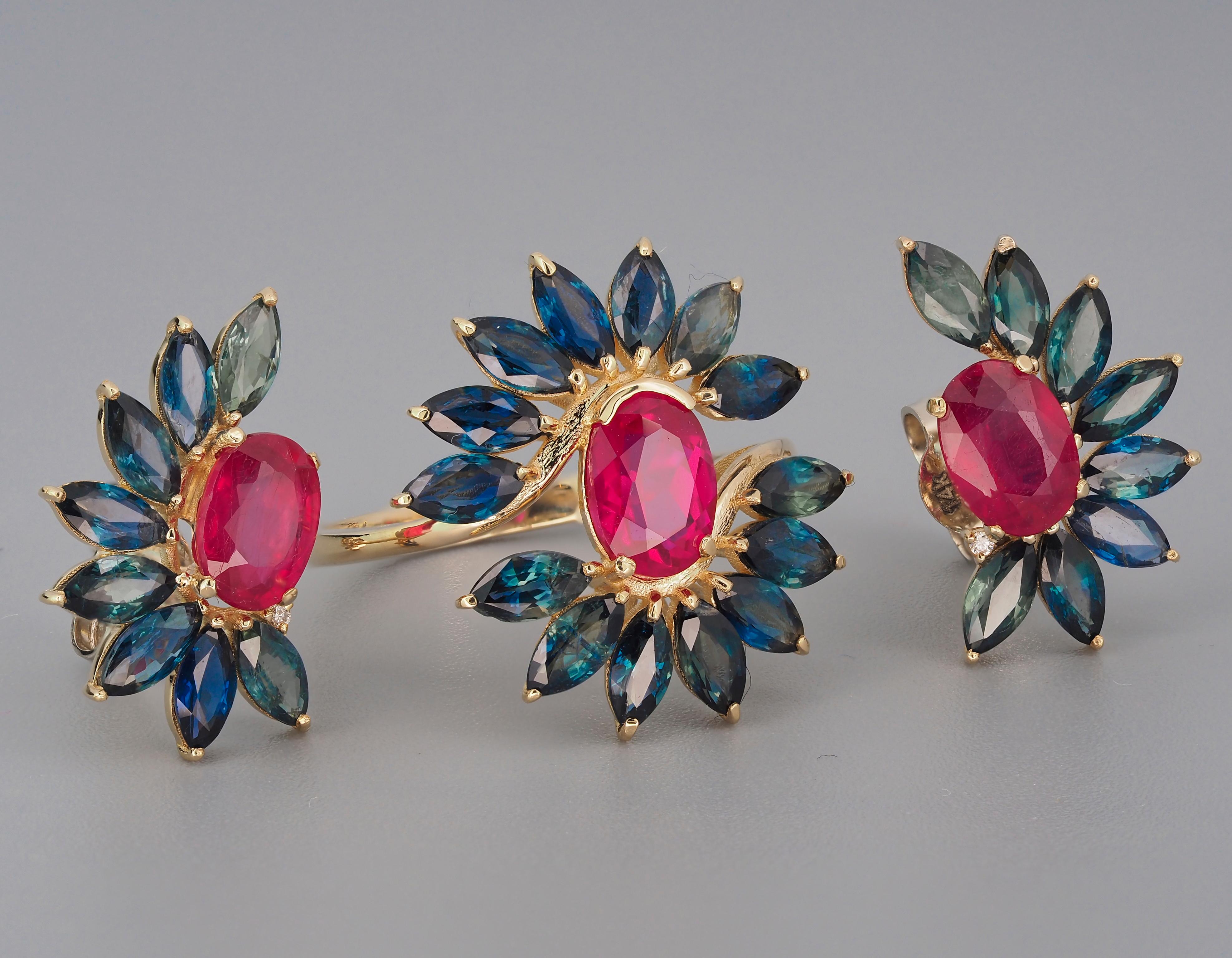 Jewelry set: earrings and ring with rubies and sapphires in 14k gold.  For Sale 3