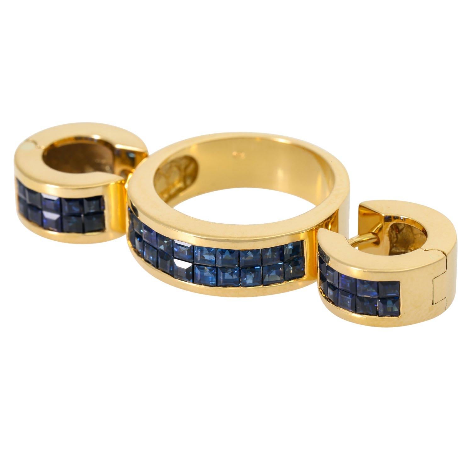Modern Jewelry set ring and hoop earrings with sapphire carrés For Sale