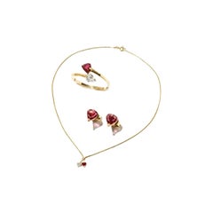 Retro Jewelry Set with Rubies and Diamonds, 18 Karat Yellow Gold
