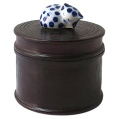 Jewelry Trinket Box with Porcelain Cat Blue and White, Mid-20th Century