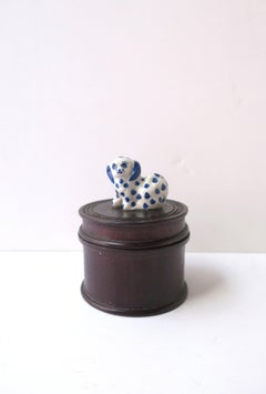 Jewelry Trinket Box with Porcelain Dog Blue and White, Mid-20th Century