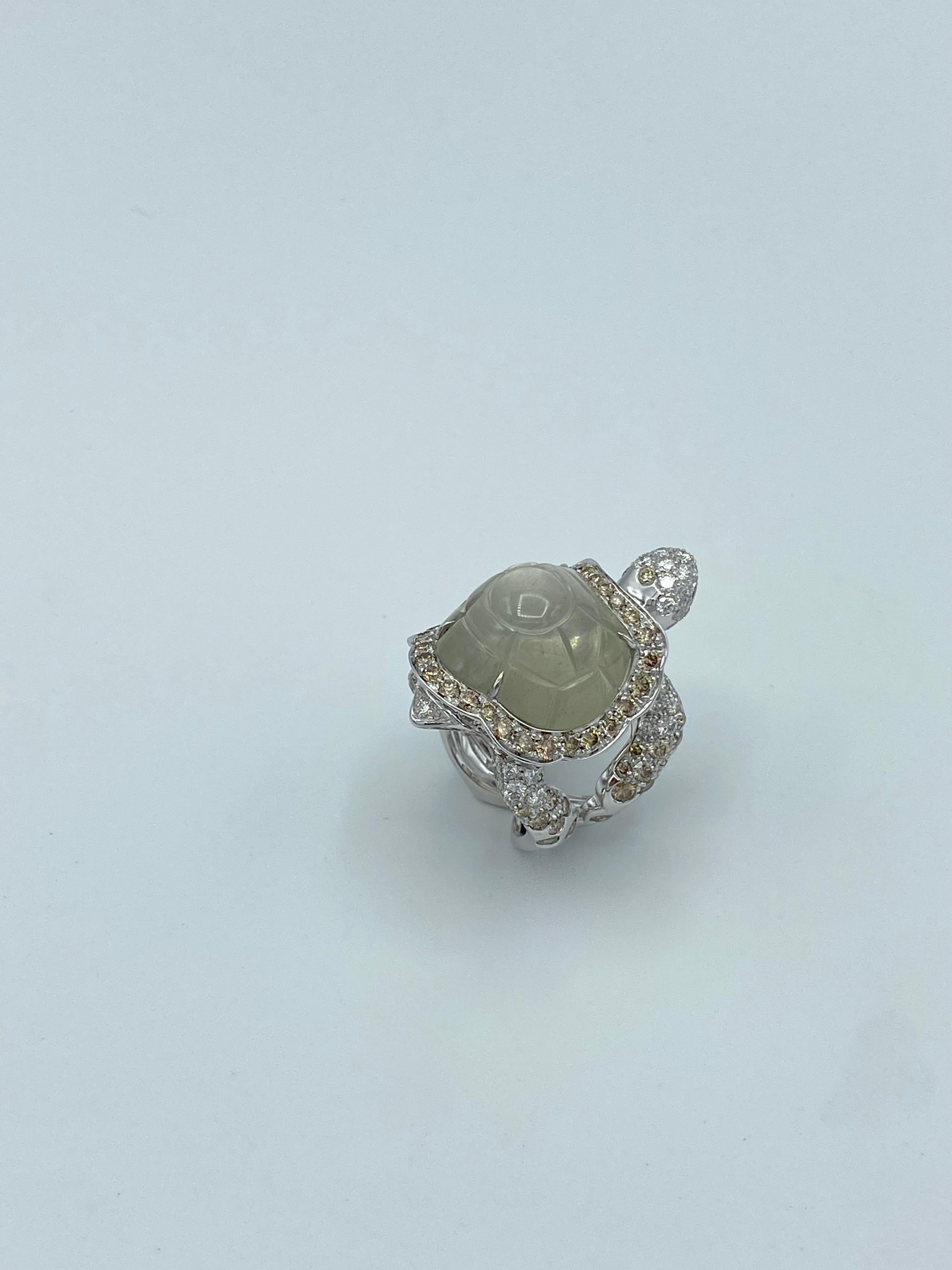 Jewelry Turtle Black Brown White Diamond Hard Stone Adularia 18 Karat Gold Ring For Sale 1