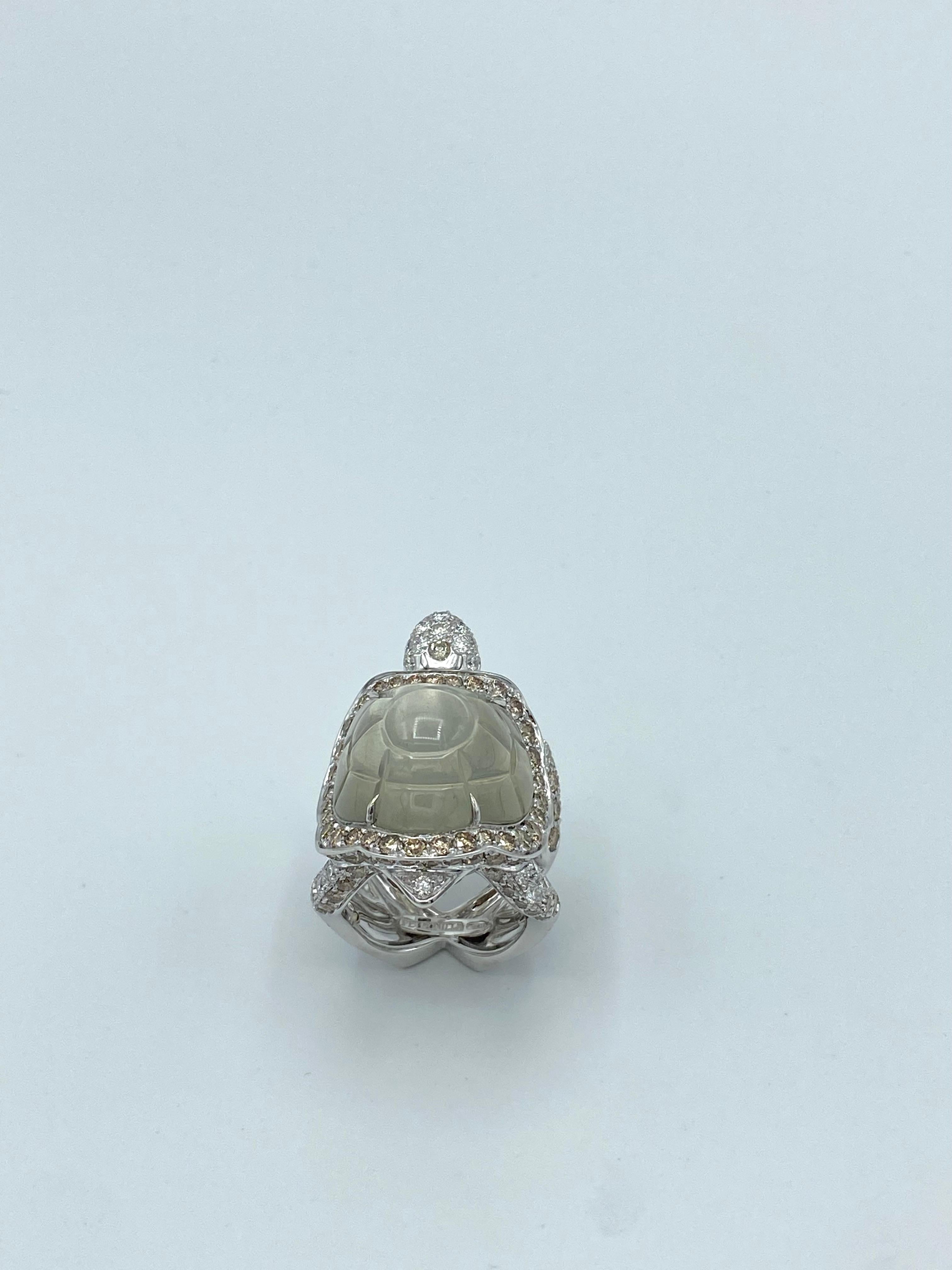 Jewelry Turtle Black Brown White Diamond Hard Stone Adularia 18 Karat Gold Ring For Sale 3