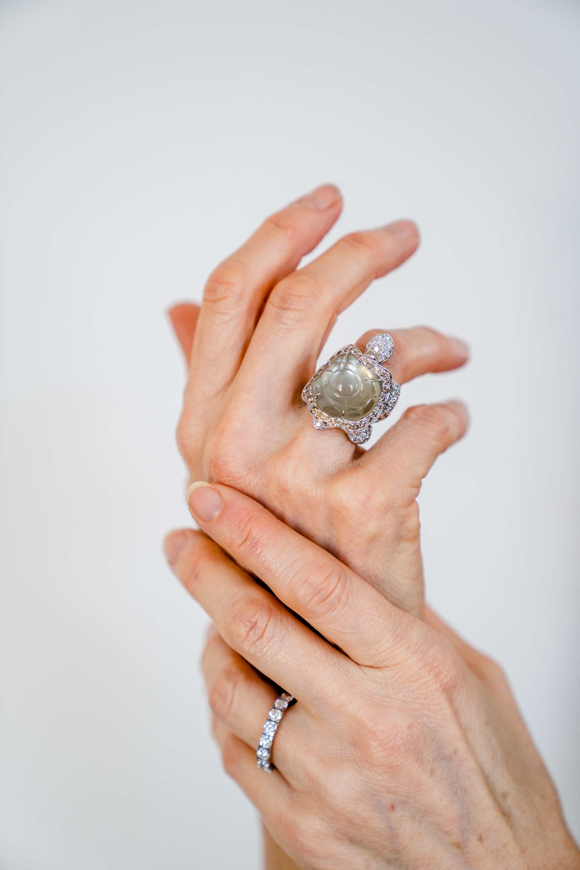 Si tratta di un bellissimo anello in oro bianco con diamanti bianchi, marroni e neri (i loro occhi).
La 