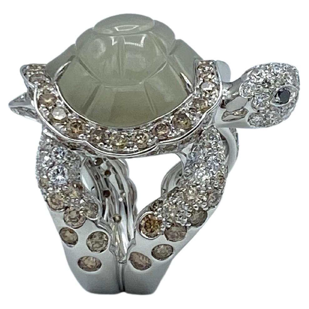 Artisan Jewelry Turtle Black Brown White Diamond Hard Stone Adularia 18 Karat Gold Ring For Sale