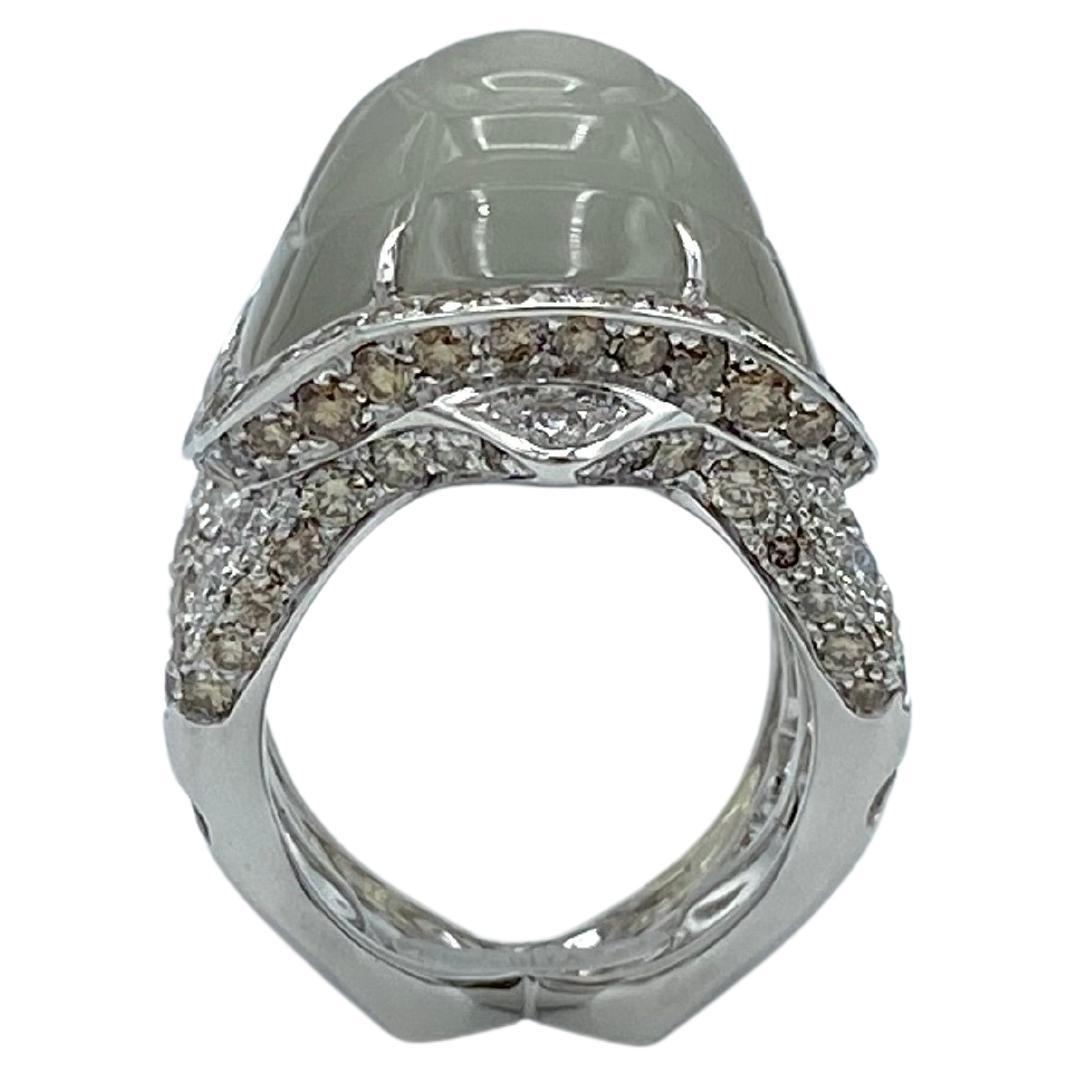 Round Cut Jewelry Turtle Black Brown White Diamond Hard Stone Adularia 18 Karat Gold Ring For Sale