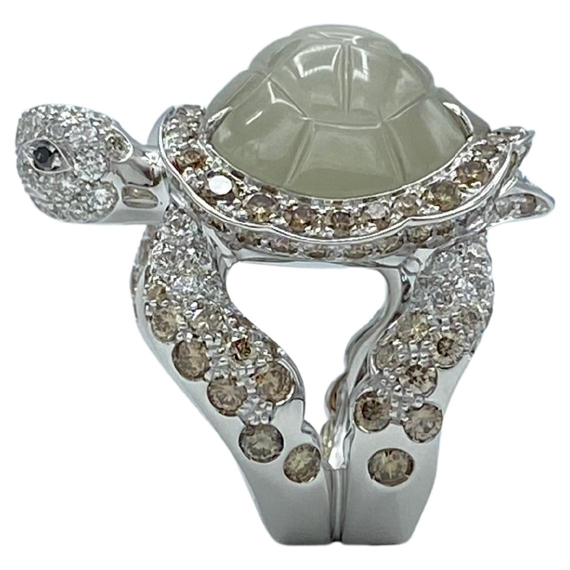 Jewelry Turtle Black Brown White Diamond Hard Stone Adularia 18 Karat Gold Ring For Sale