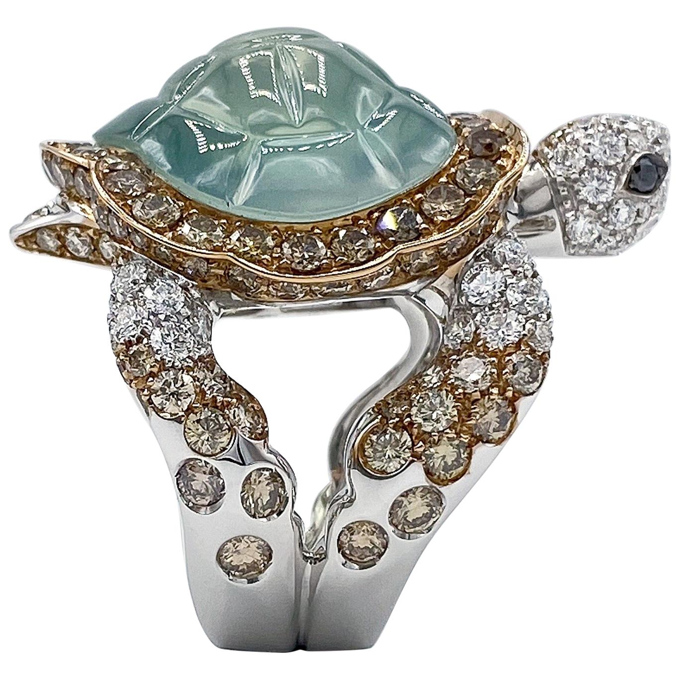 Jewelry Turtle Black Brown White Diamond Prehnite 18 Karat Gold Ring