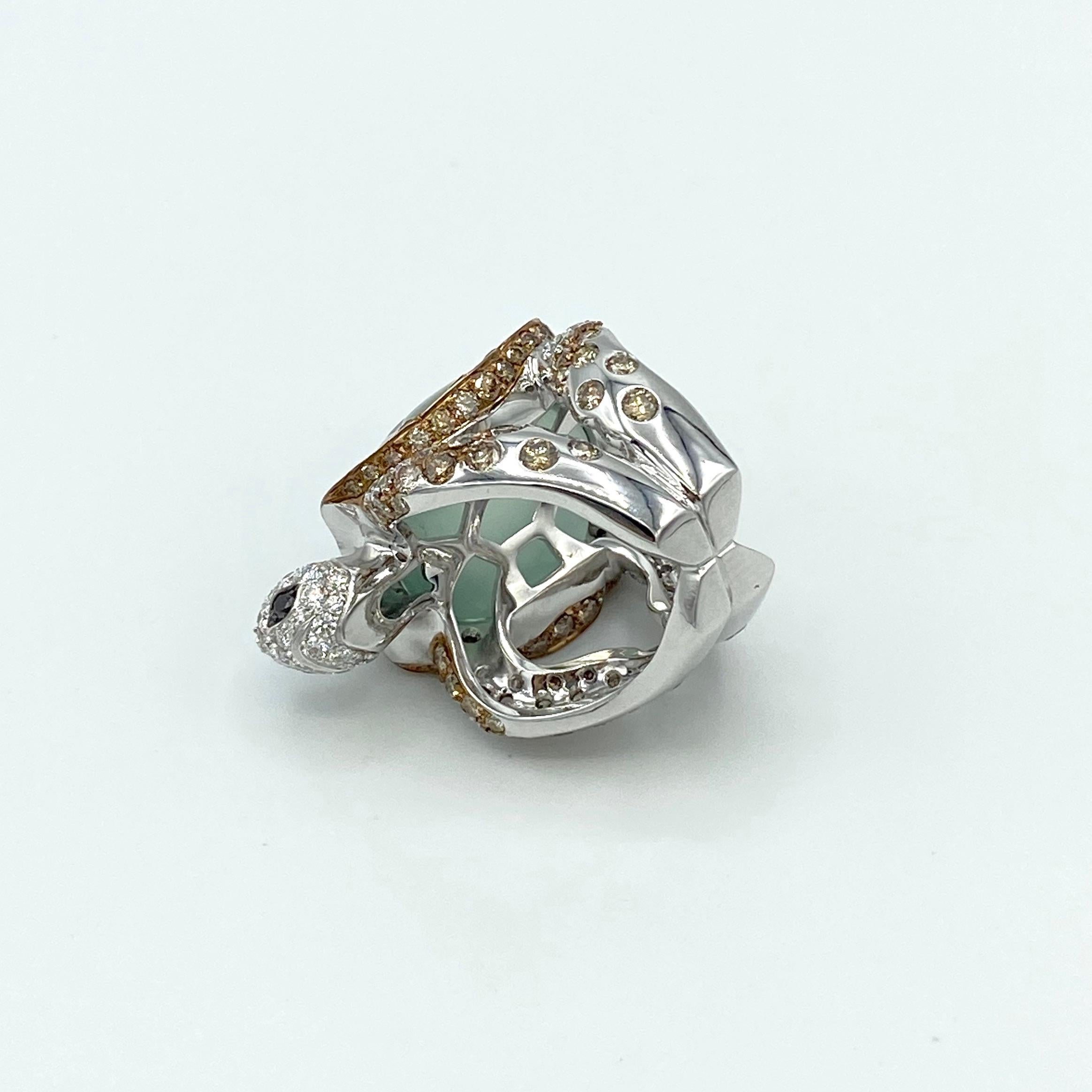 Round Cut Jewelry Turtle Black Brown White Diamond Prehnite 18 Karat Gold Ring