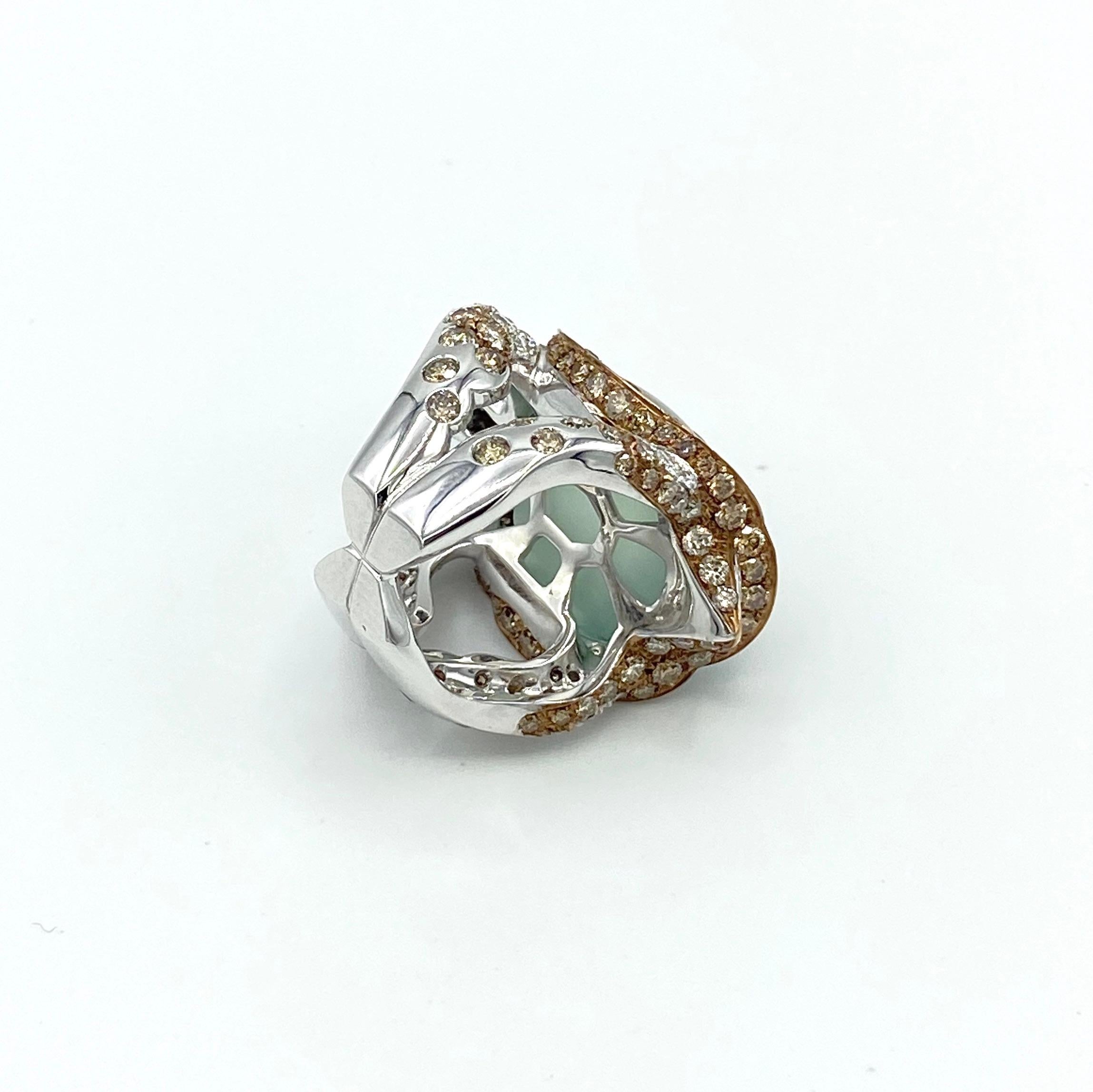 Jewelry Turtle Black Brown White Diamond Prehnite 18 Karat Gold Ring In New Condition In Bussolengo, Verona