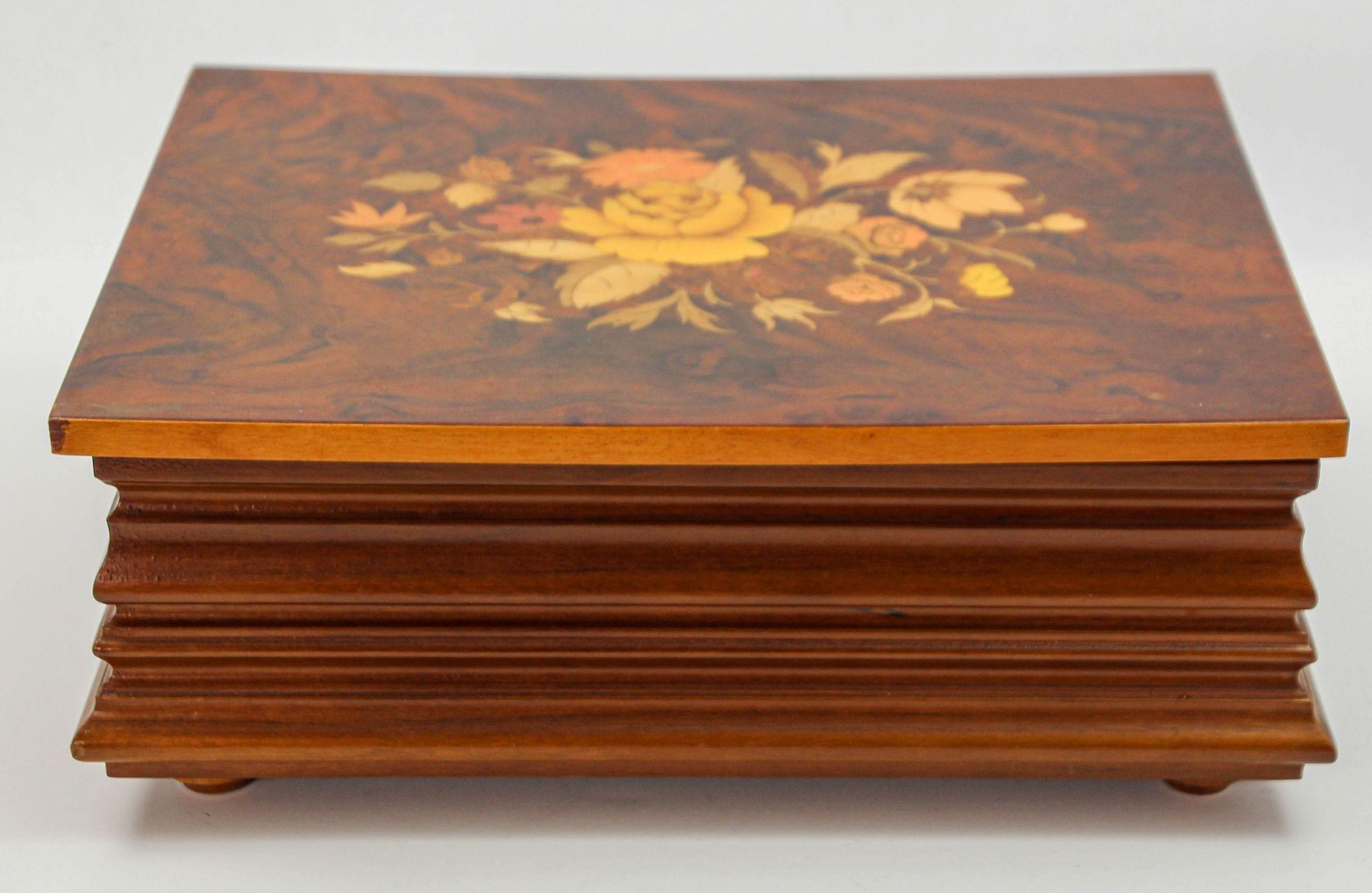 Italian Jewelry Wooden Music Box Made in Italy with Flowers Inlaid Burl Wood Top For Sale