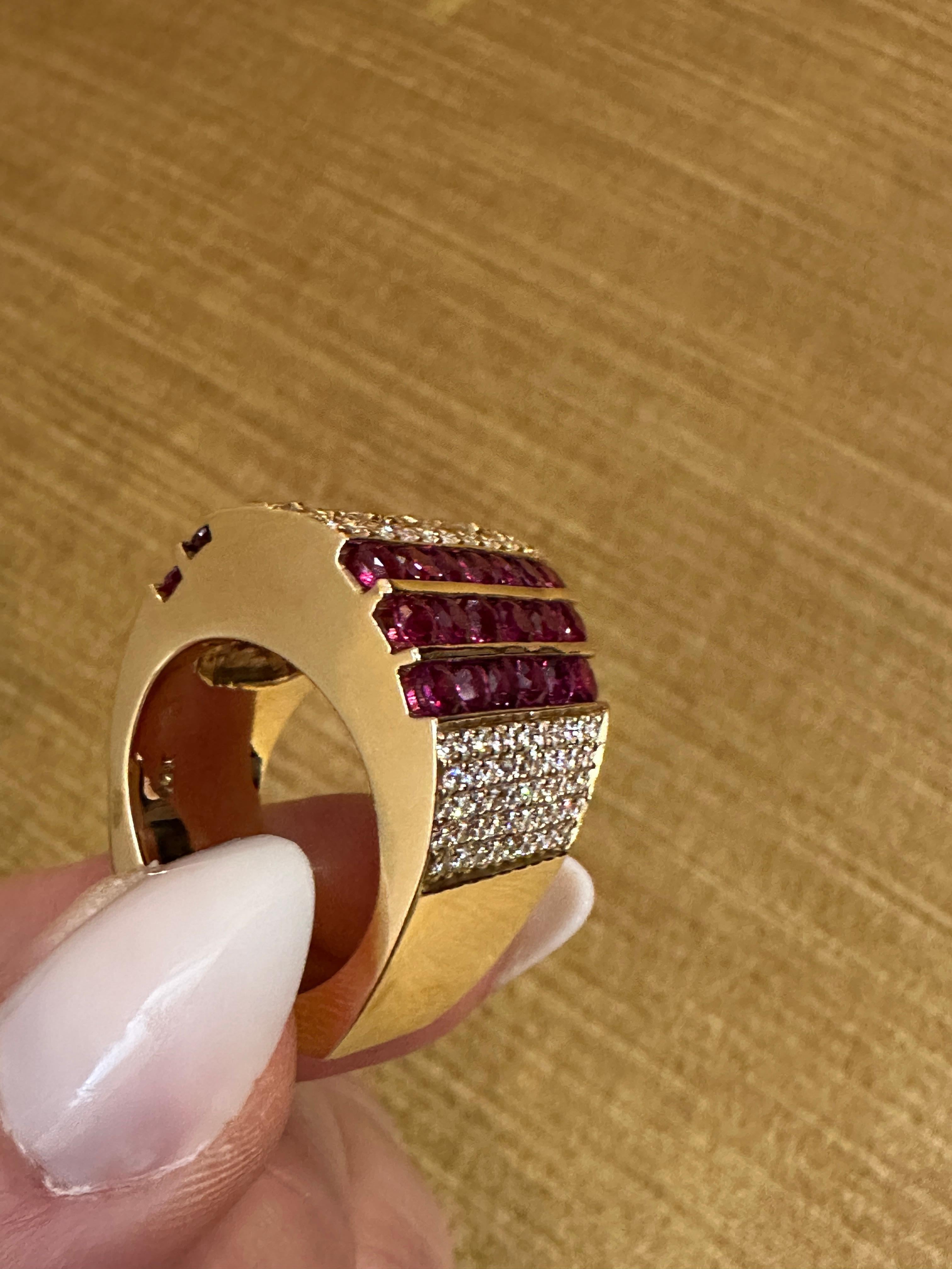Jewels by Gauthier Wide Band Diamond and Ruby Ring in 14k Yellow Gold For Sale 3