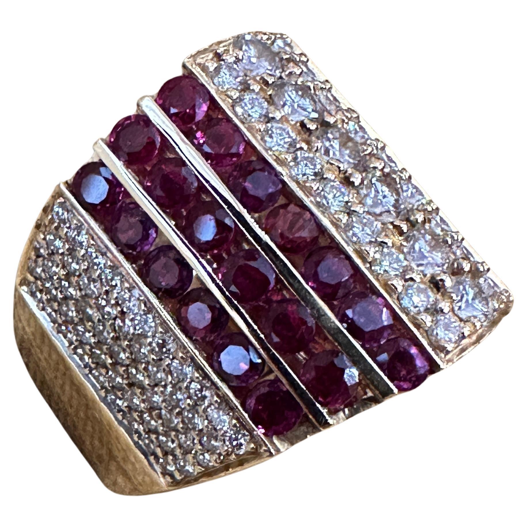 Jewels by Gauthier Wide Band Diamond and Ruby Ring in 14k Yellow Gold For Sale