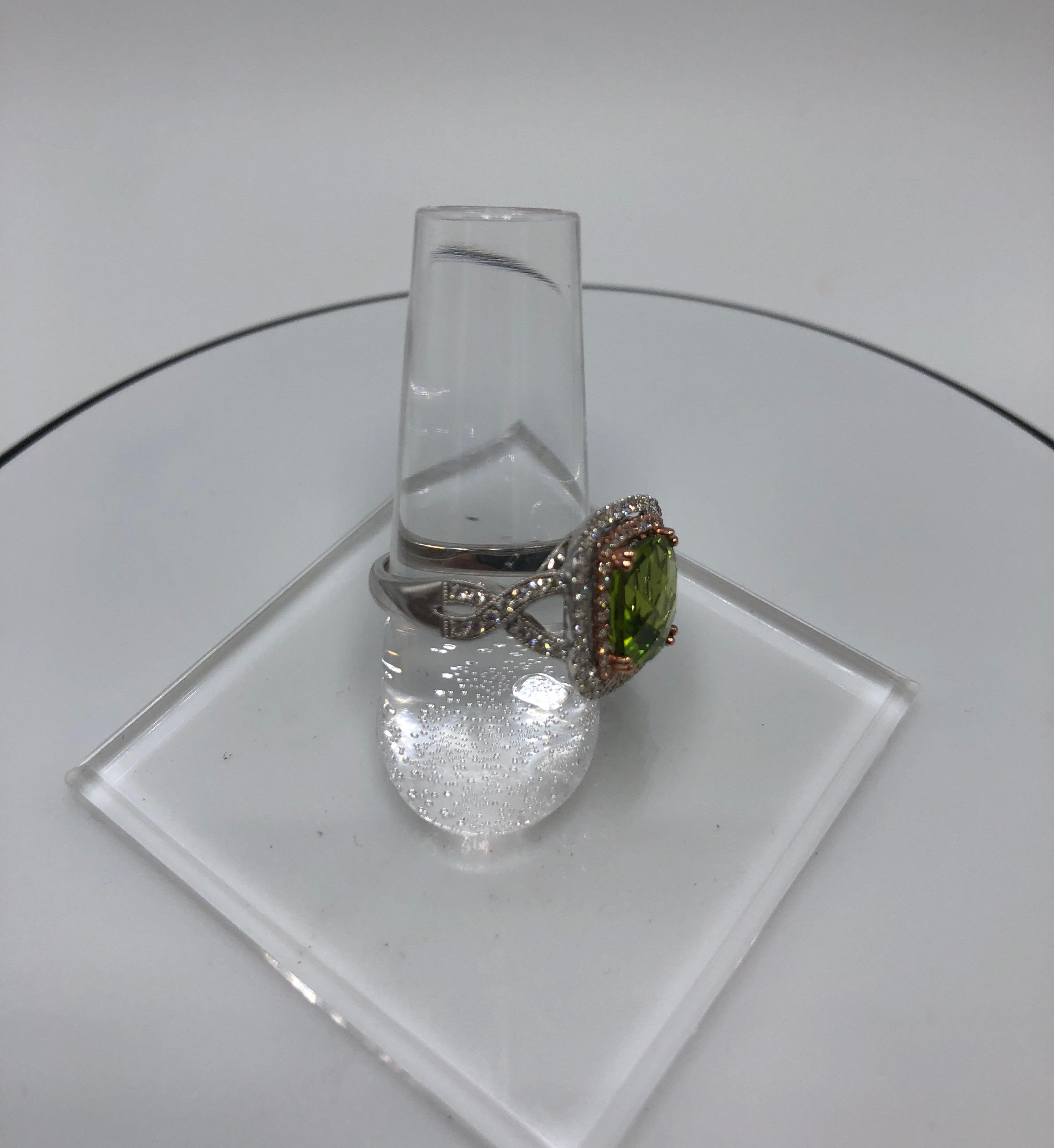 Cushion Cut Jewels by Jacob White Gold and Peridot Ring with Rose Gold Accents