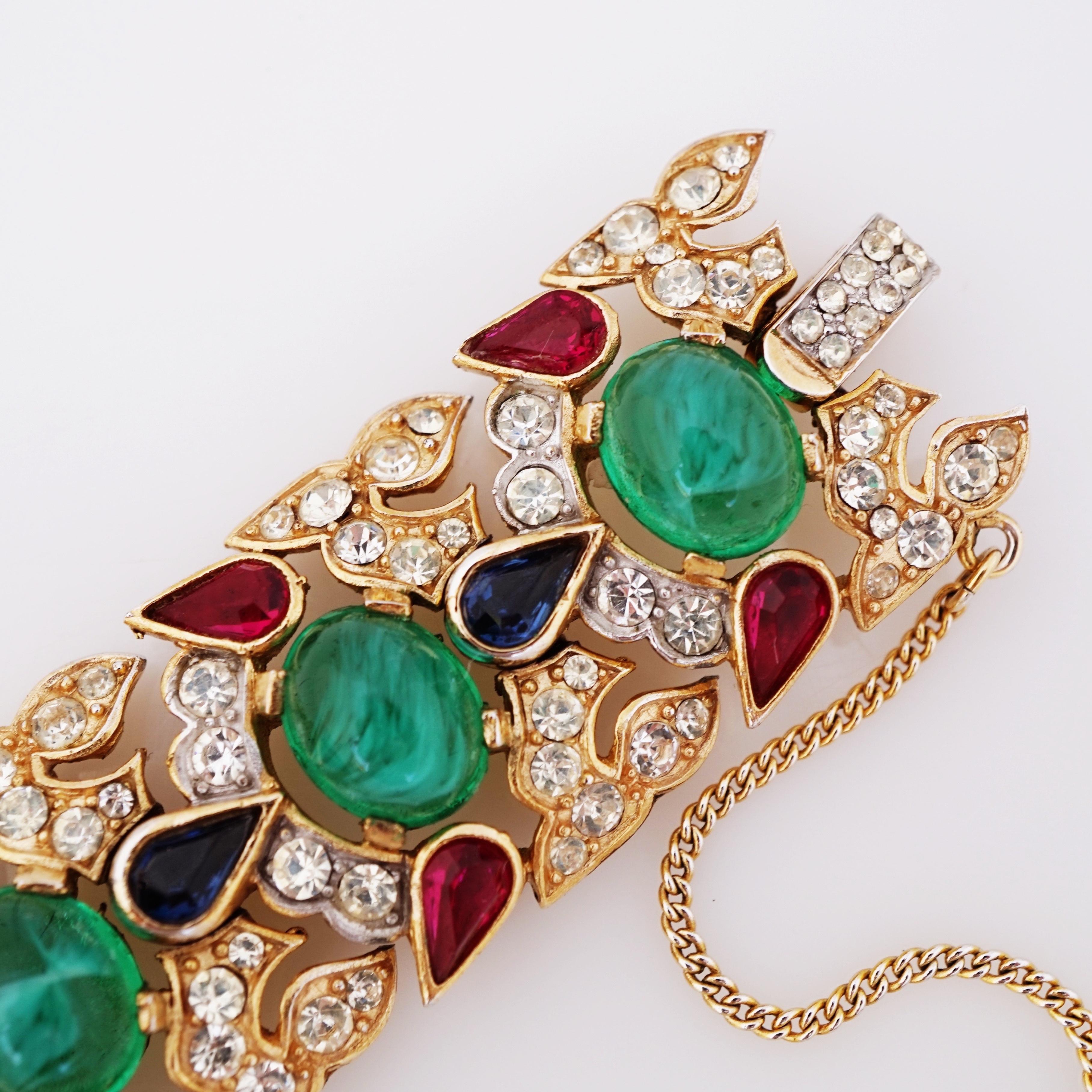 Jewels of India Emerald, Sapphire & Ruby Mughal Bracelet By Crown Trifari, 1960s In Good Condition In McKinney, TX