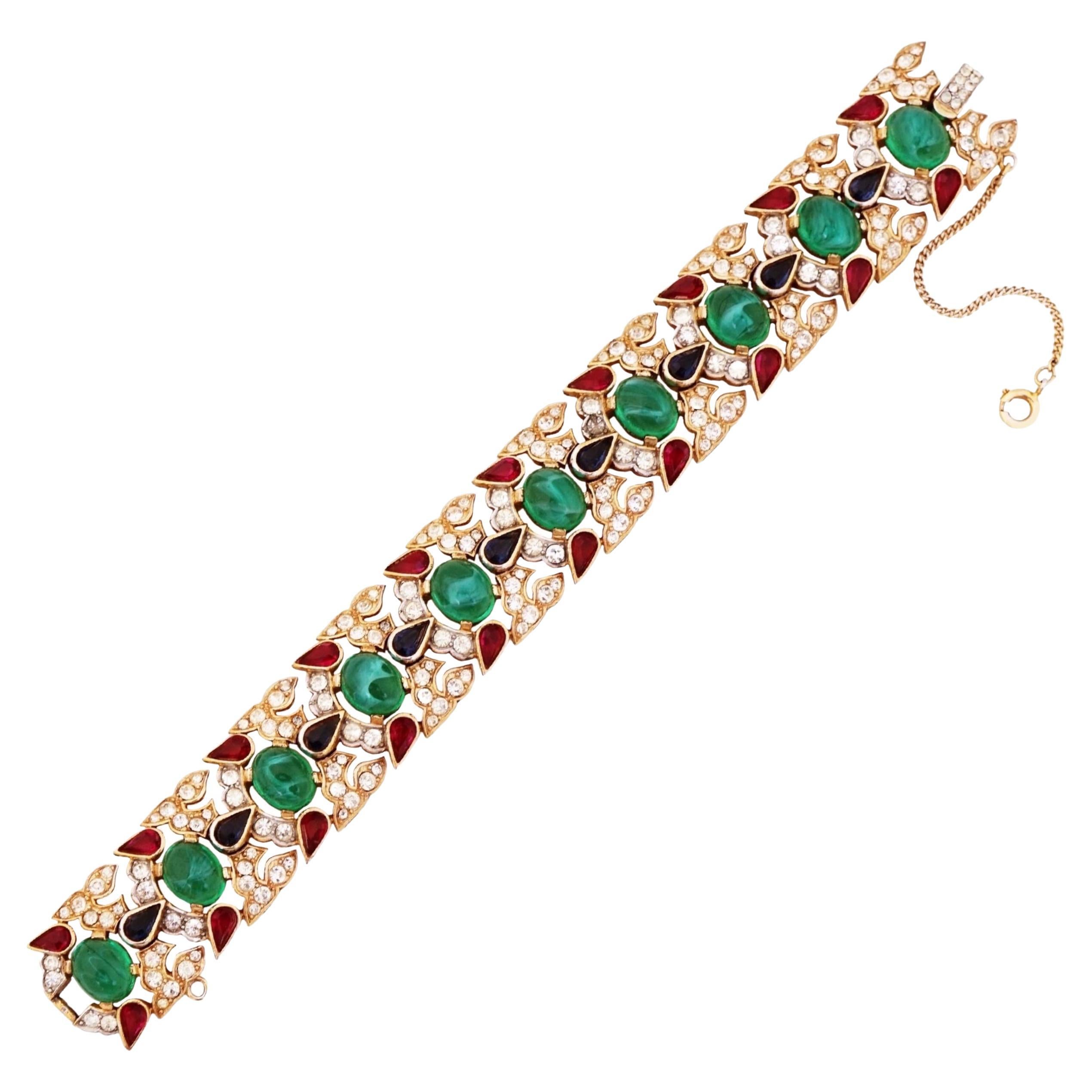 Jewels of India Emerald, Sapphire & Ruby Mughal Bracelet By Crown Trifari, 1960s